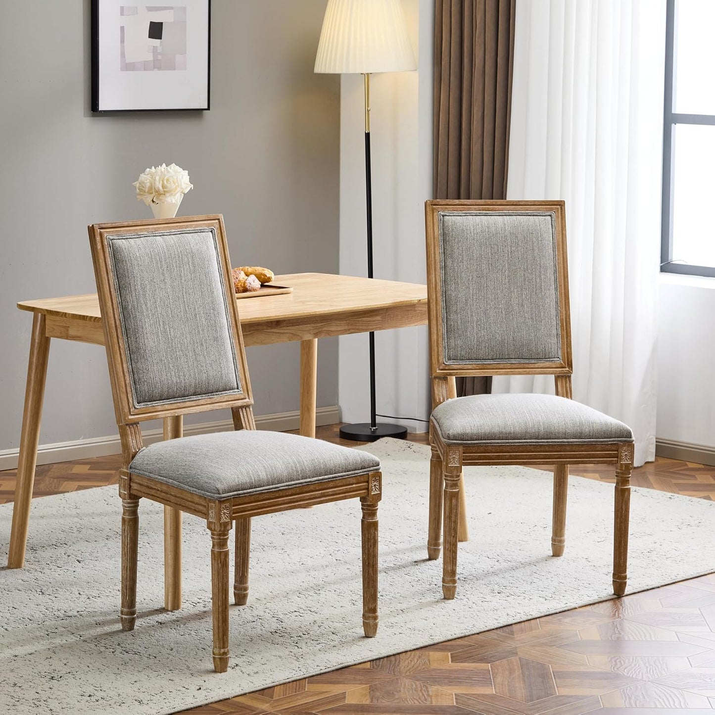 Christopher Knight Home Regina French Country Dining Chairs Set of 2, Wooden Dining Room Chair, High Back Kitchen Side Chair, Fabric Upholstered Armless Extra Seat, Grey and Natural