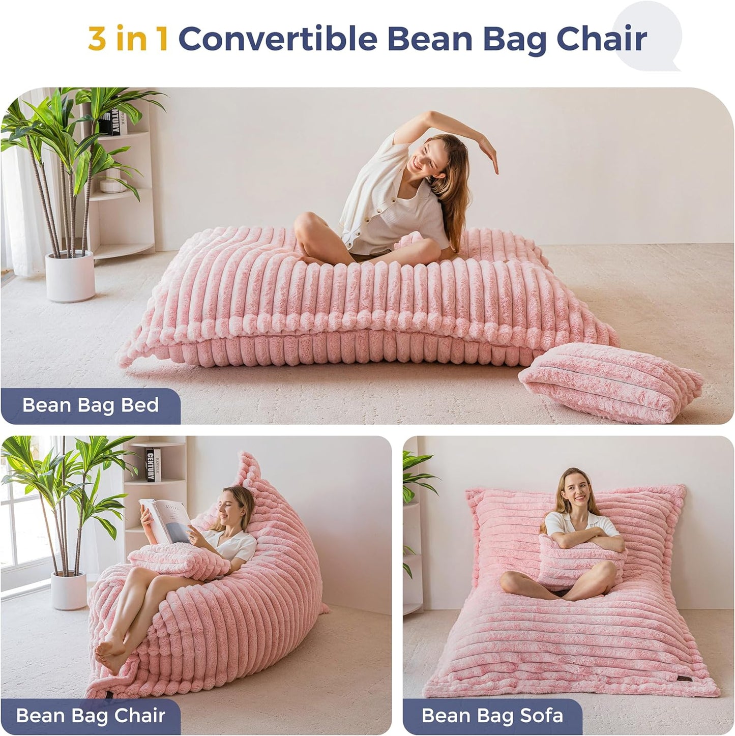 MAXYOYO Giant Bean Bag Chair with Pillow, 3 in 1 Convertible Bean Bag Chair for Adults with Washable Cover, Removable Floor Cushion Stuffed Floor Lounger for Living Room Bedroom, Pink