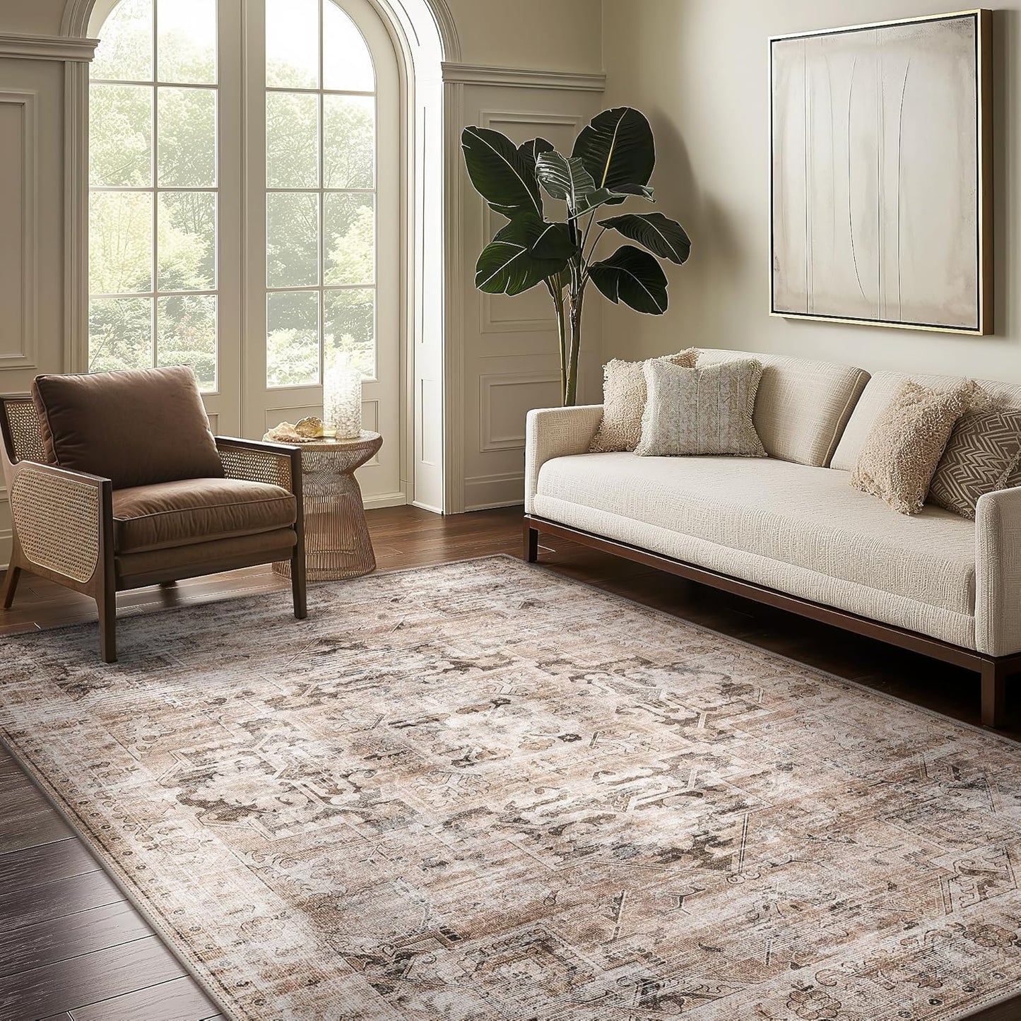 GENIMO 10x14 Area Rugs for Living Room, Machine Washable Non Slip Vintage Retro Rugs, Low Pile Lightweight Thin Print Rug for Bedroom, Dining Room, Home Office, Brownishi Drab