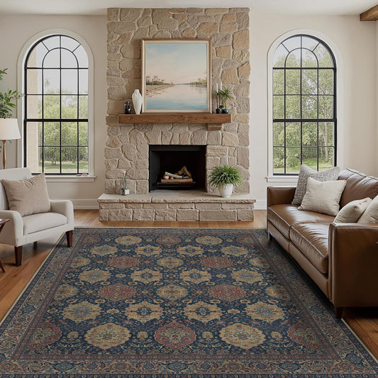 8X10 Area Rugs Machine Washable Rugs for Living Room, Vintage Boho Large Rugs for Bedroom Dining Room, Non Slip Indoor Soft Distressed Lightweight Thin Low Pile Carpet, Navy Tan