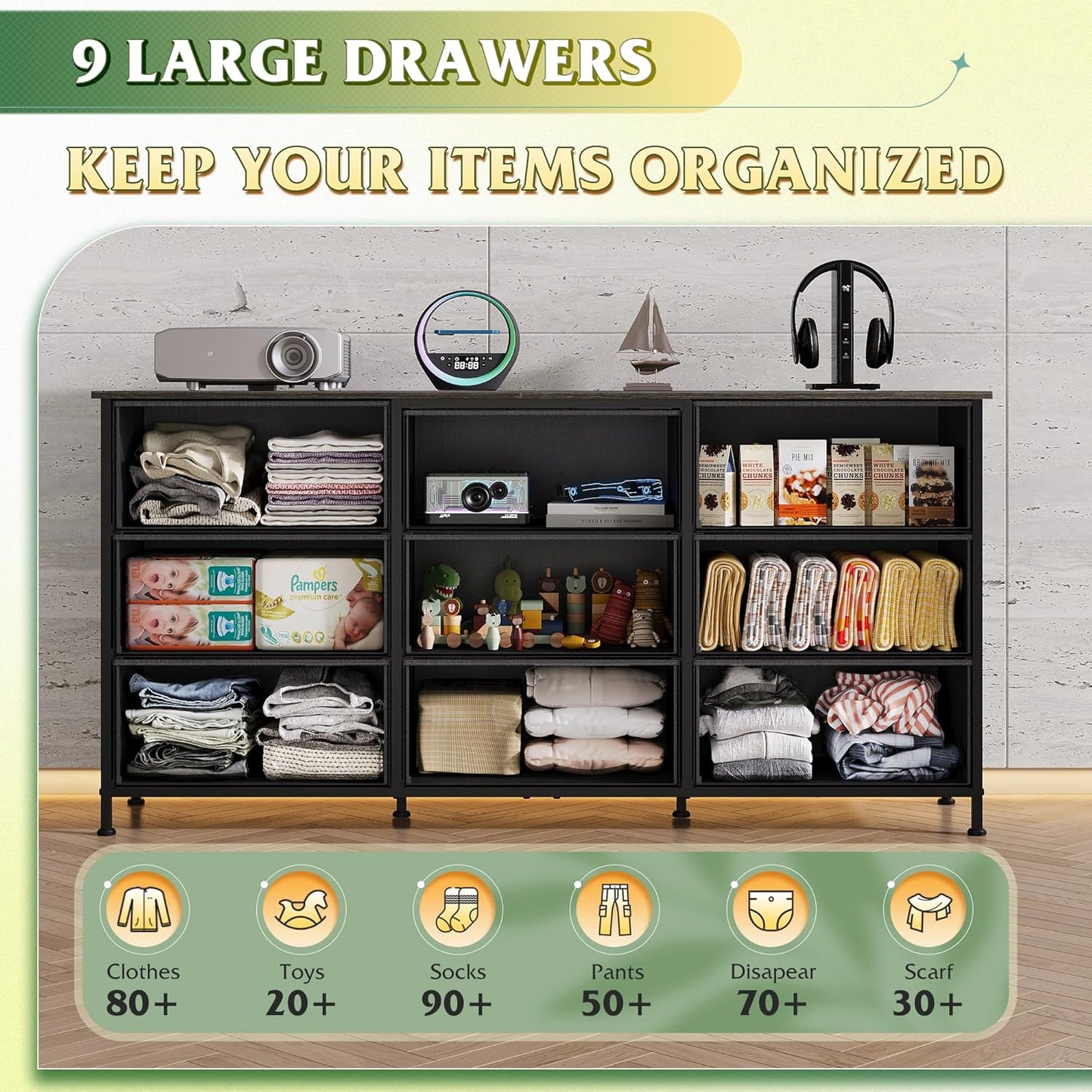 WLIVE 54''W Dresser for Bedroom, Black Dresser TV Stand for 55, 60, 65 inch TV, Wide Chest of Drawers with 9 Drawer, Large Entertainment Center, Fabric Dressers with Wood Top for Closet, Living Room