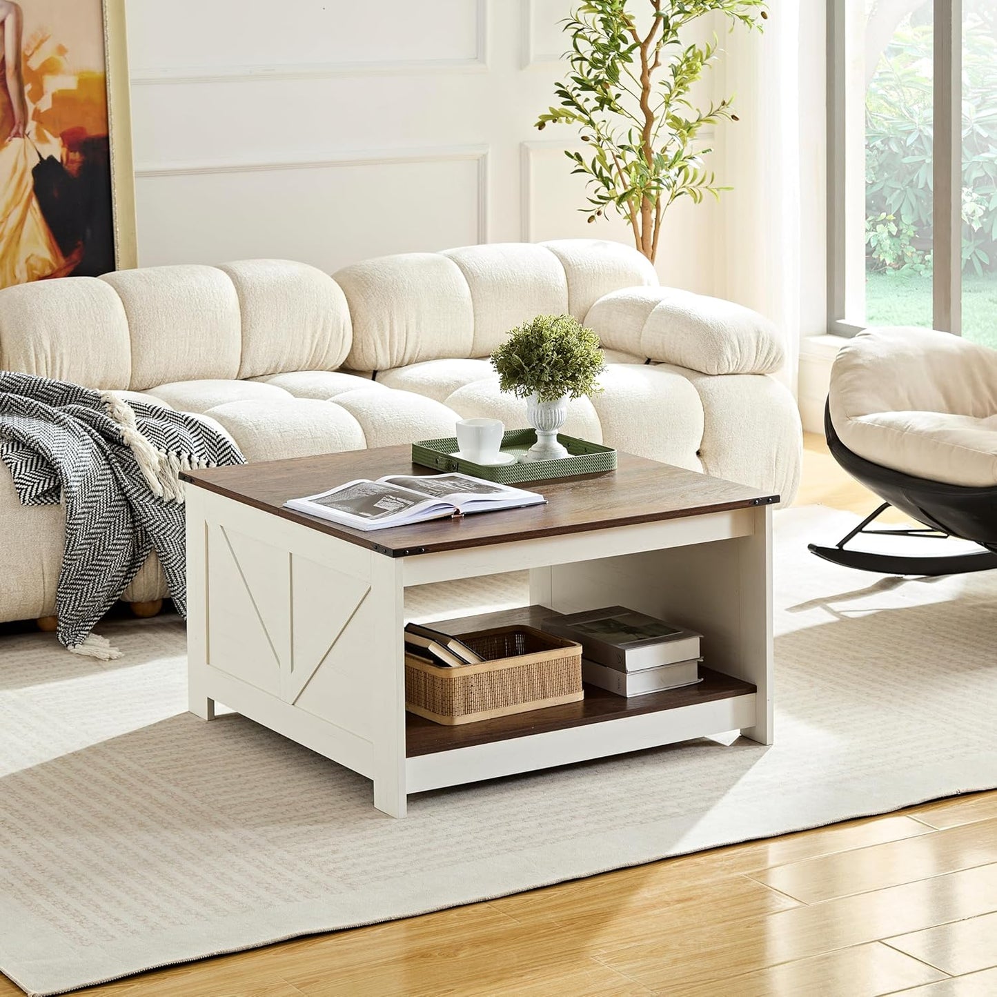 Farmhouse Coffee Table for Living Room, Wood Square Coffee Tables, 31.5" D x 31.5" W, Antique White