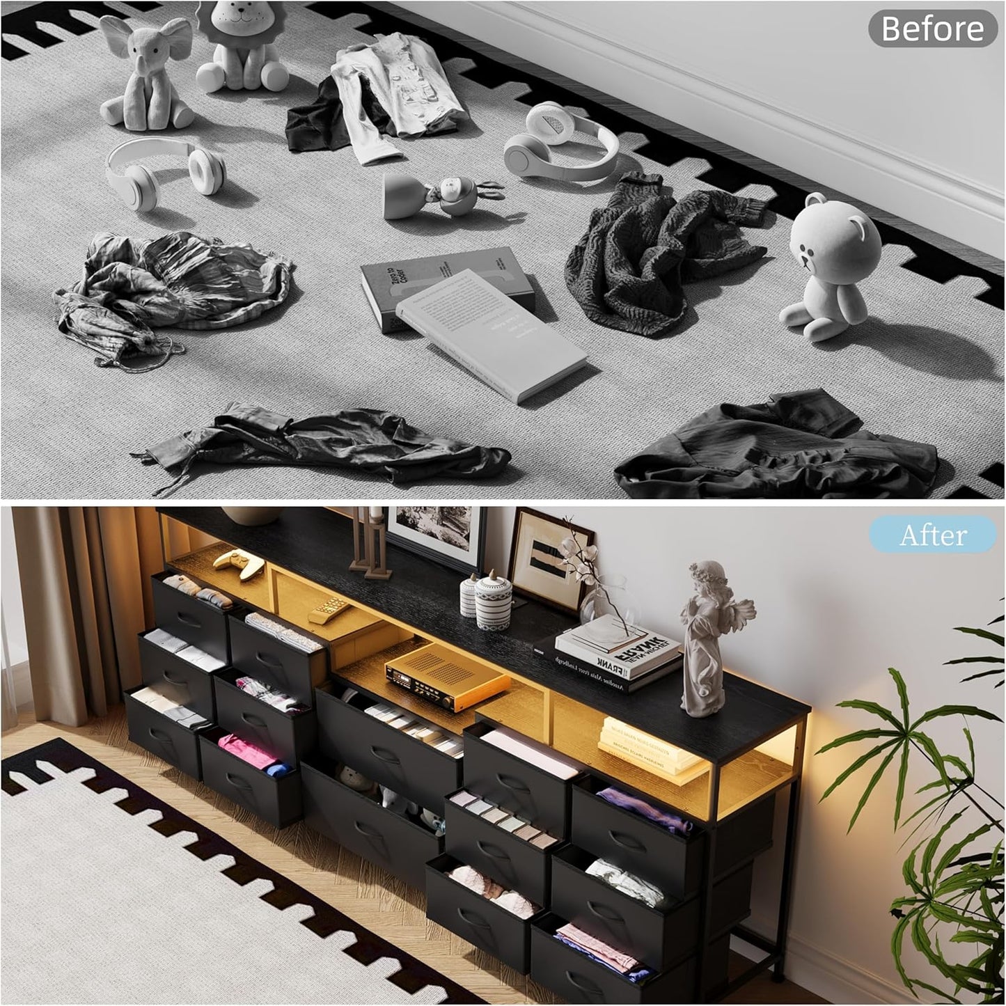 70.9" W Large TV Stand for 65/75/80 inchs TVs,14 Drawer Long Dresser with Charging Station and LED Lights,Entertainment Center with Storage for Living Room (Black, 70.9" W)