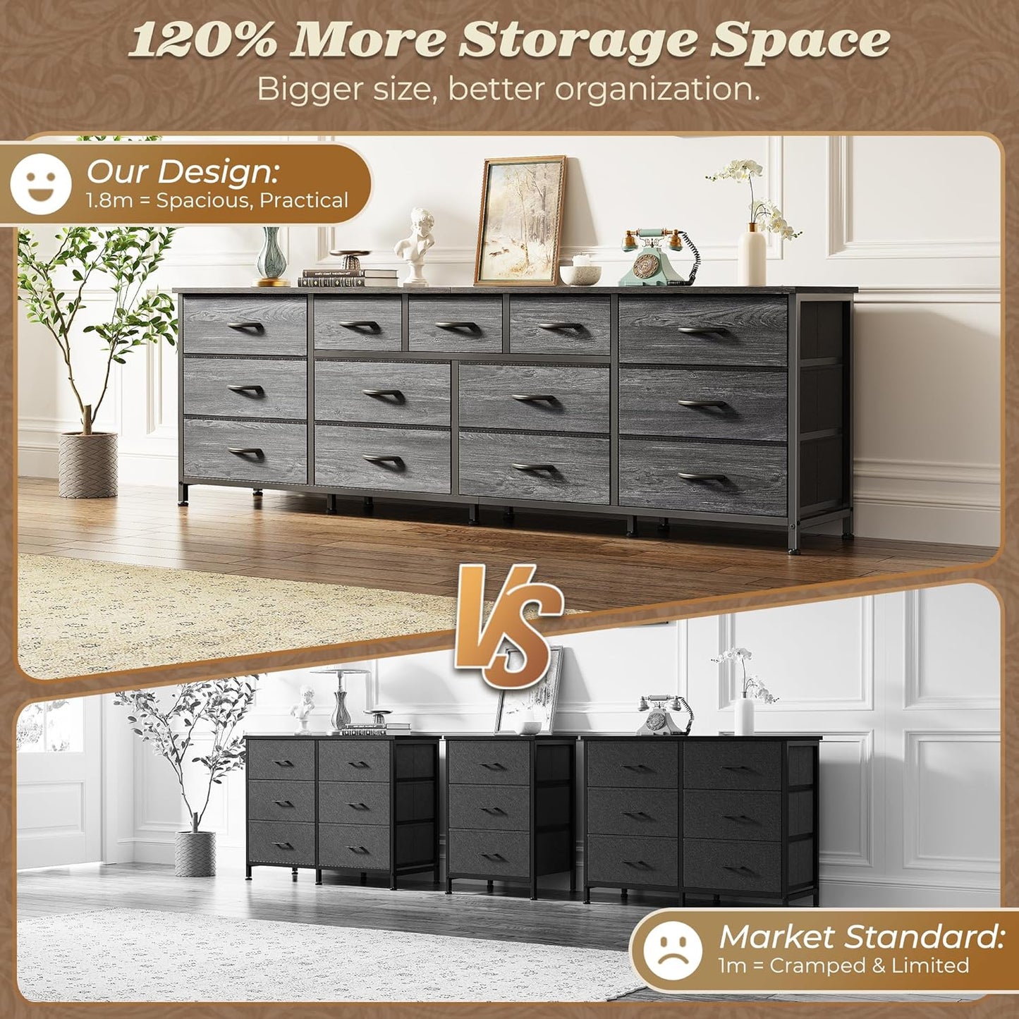 Huuger 70 Inch Dresser for Bedroom, TV Stand for 65, 75, 80 Inch TV, 13 Fabric Drawer Long Dresser, Large Entertainment Center for Bedroom, Wide Chest of Drawer with Storage, Grey