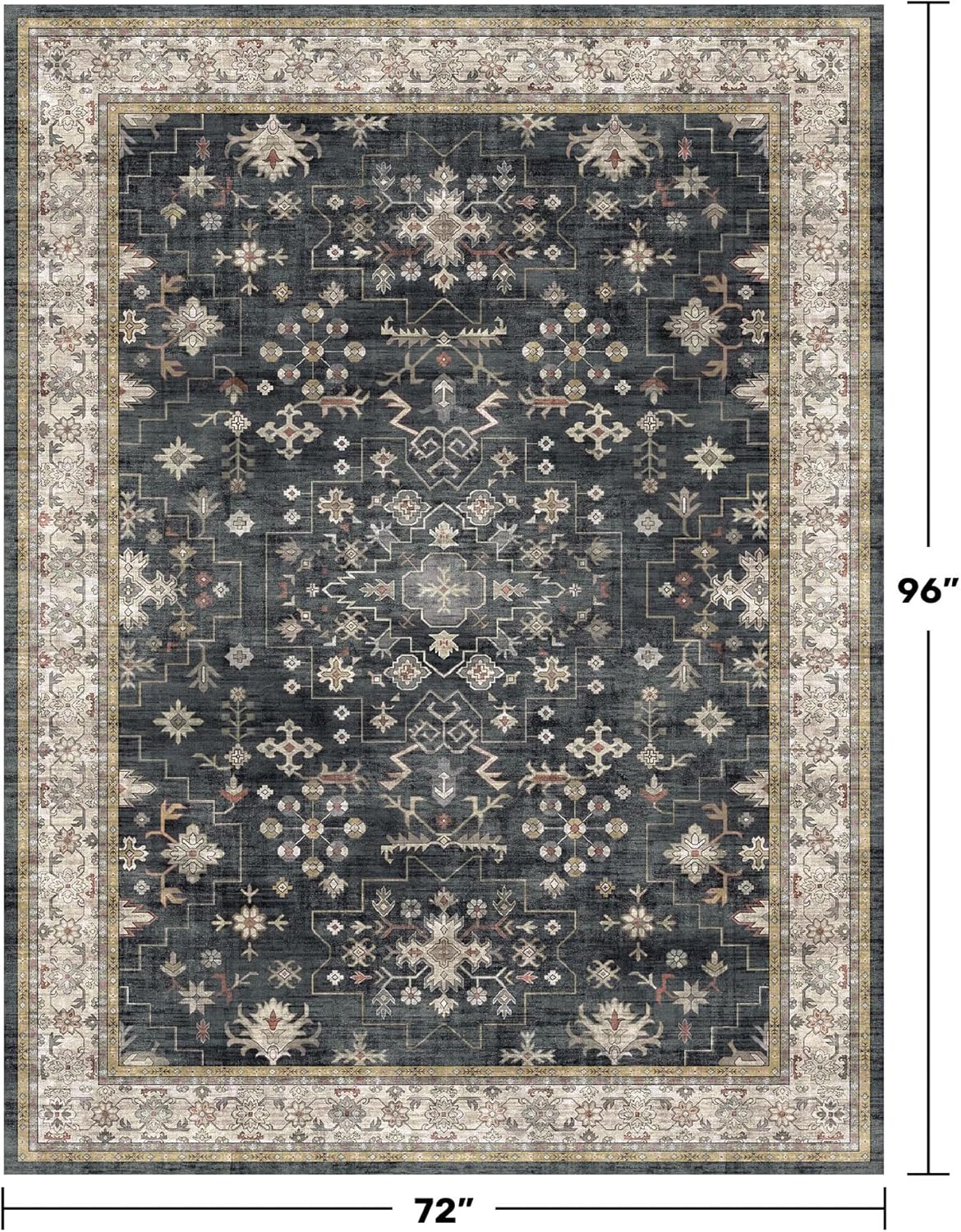 Boho Dining Room Rugs for Under Table - Washable Black Area Rug for Living Room, Low Pile Non-Slip Rugs for Bedroom, Office - Charming Geometric Decor & Stain Resistance - 6x8 Black/Multi