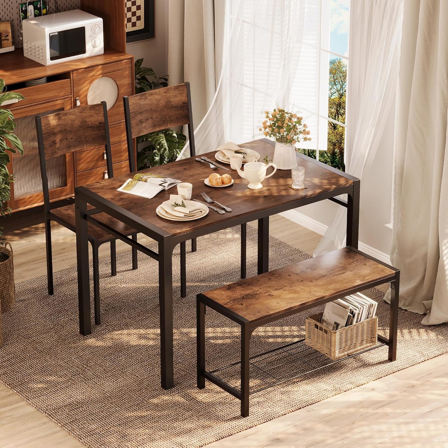 Shahoo Kitchen Table and 2 Chairs for 4 with Bench, 4 Piece Dining Sets for Small Space, Brown