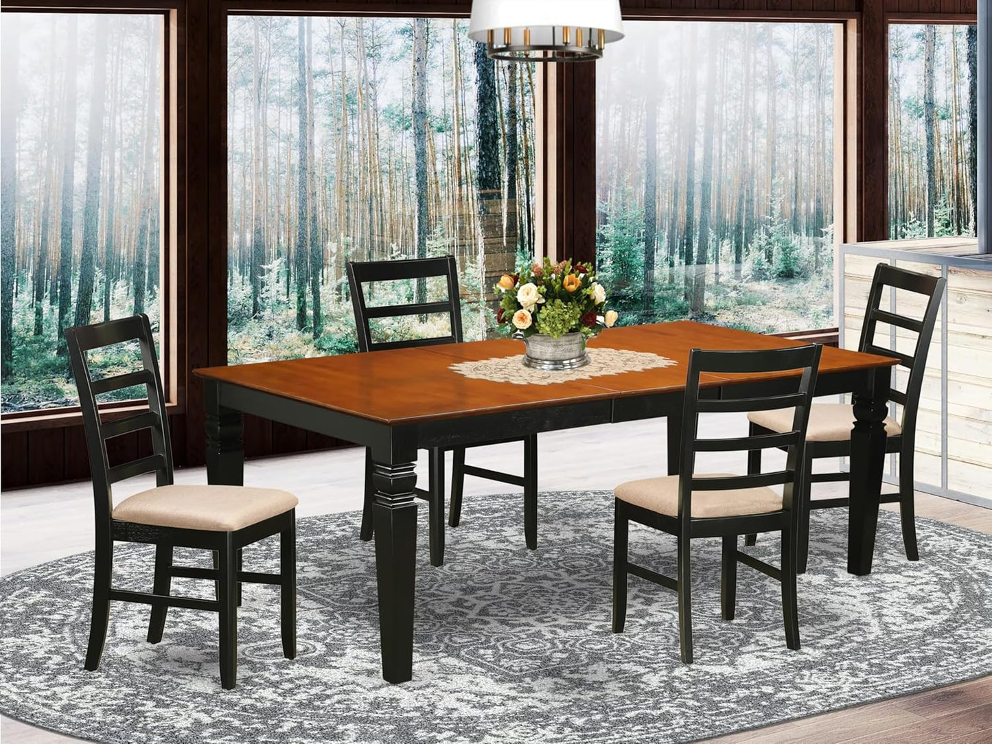 East West Furniture LGPF5-BCH-C 5 Piece Modern Dining Table Set Includes a Rectangle Wooden Table with Butterfly Leaf and 4 Linen Fabric Dining Room Chairs, 42x84 Inch, Black & Cherry