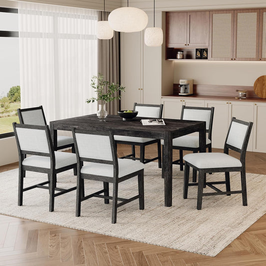 Merax 7 Pieces Retro Dining Set for 6, Rectangular Wood Dining Table with 6 Upholstered Chairs for Kitchen, Living Room, Espresso