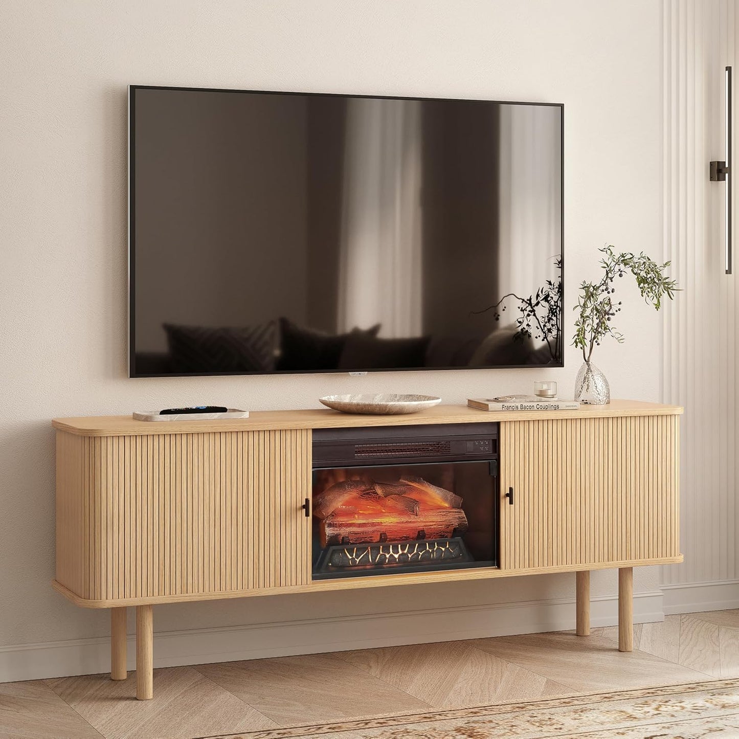 WERMO 71'' Electric Fireplace TV Stand for Living Room with Heater, Storage and Shelves Designed to fit 65’’ - 75’’ TVs. TV Entertainment Center with Fireplace, Wood TV Stand Fireplace Console (Oak)