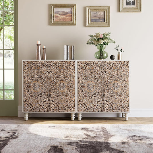 COSIEST Set of 2 32" Buffet Sideboard Cabinets with Vintage Firework Carved Pinewood Doors, Push-to-Open, Storage Accent Cabinet for Living Room, Kitchen, Hallway, Gray