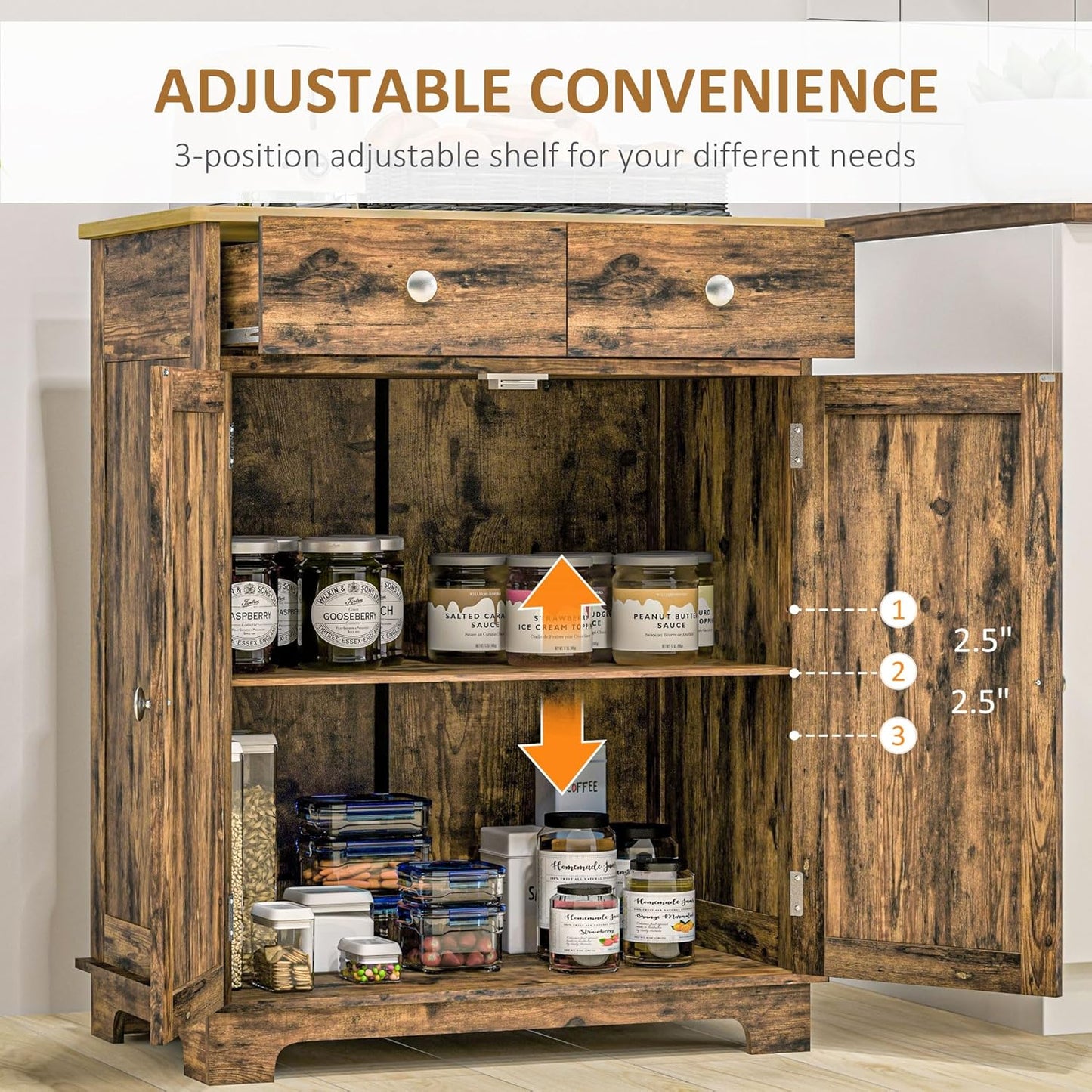 HOMCOM Sideboard with Solid Wood Countertop, Modern Kitchen Storage Cabinet, Coffee Bar Cabinet with 2 Drawers, Doors and Adjustable Shelf, Rustic Brown