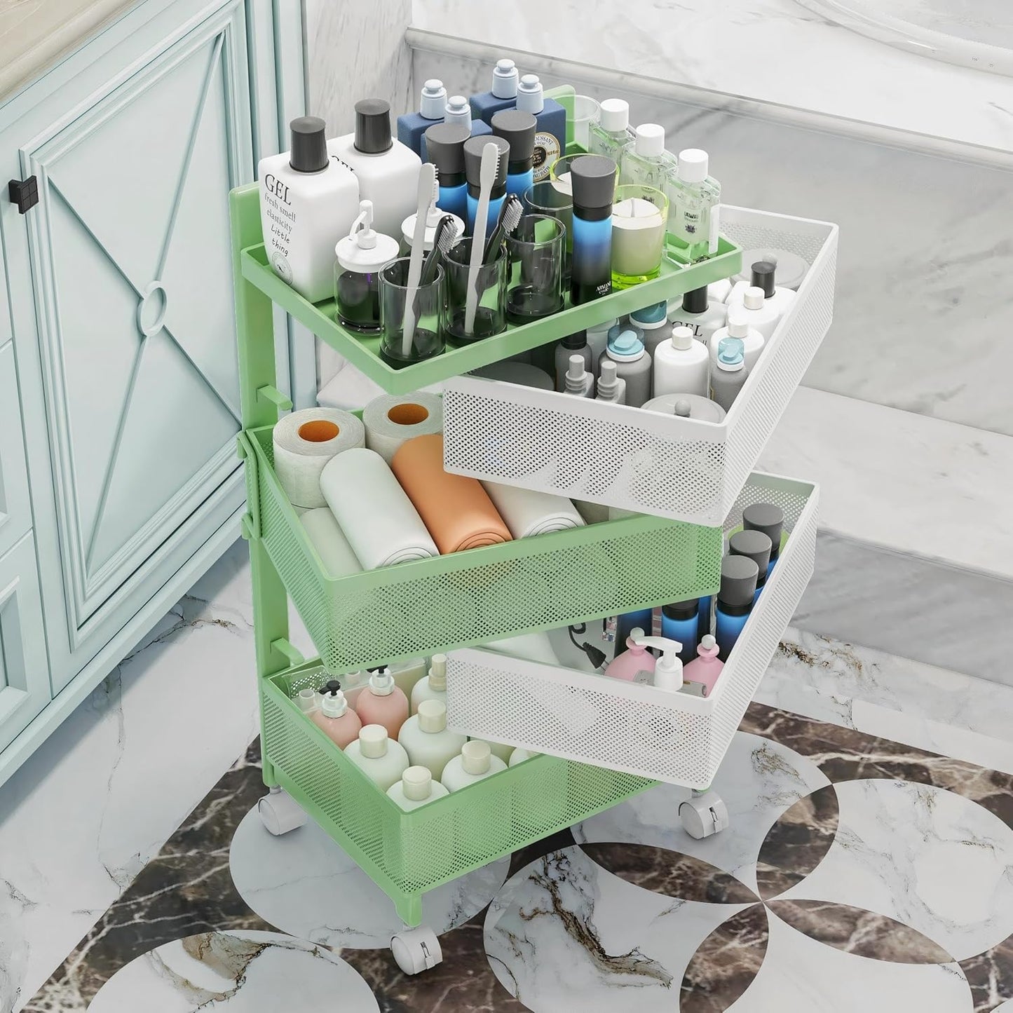 Fruit Basket for Kitchen No Assembly 4-Tier Rotating Storage Rack, Vegetable Storage Cart，Bathroom Shelf,Storage Drawer Cart,Kitchen Organizers and Storage Cart(Green White, 4 Tier-Square)