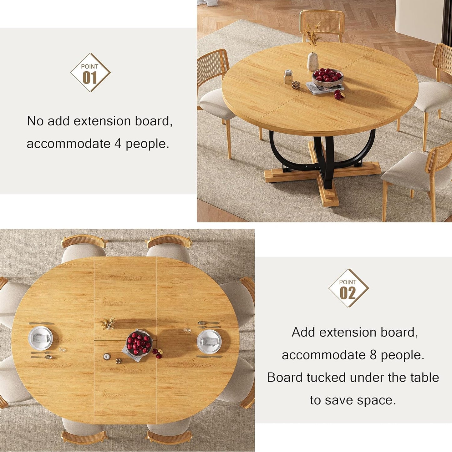 59" Round Extendable Dining Table for 4-6, Modern Oval Kitchen Table with Heavy Duty Curved Legs & Wood X-Based, MDF Board with Spring Buckle, Space Saving, Dining Kitchen Living Room, Oak