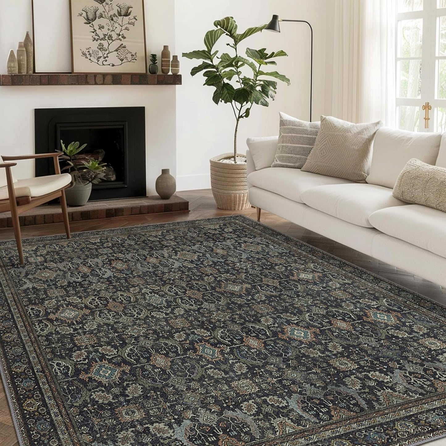 9X12 Area Rugs Machine Washable Rugs for Living Room, Vintage Boho Large Rugs for Bedroom Dining Room, Non Slip Indoor Soft Distressed Lightweight Thin Low Pile Carpet, Black