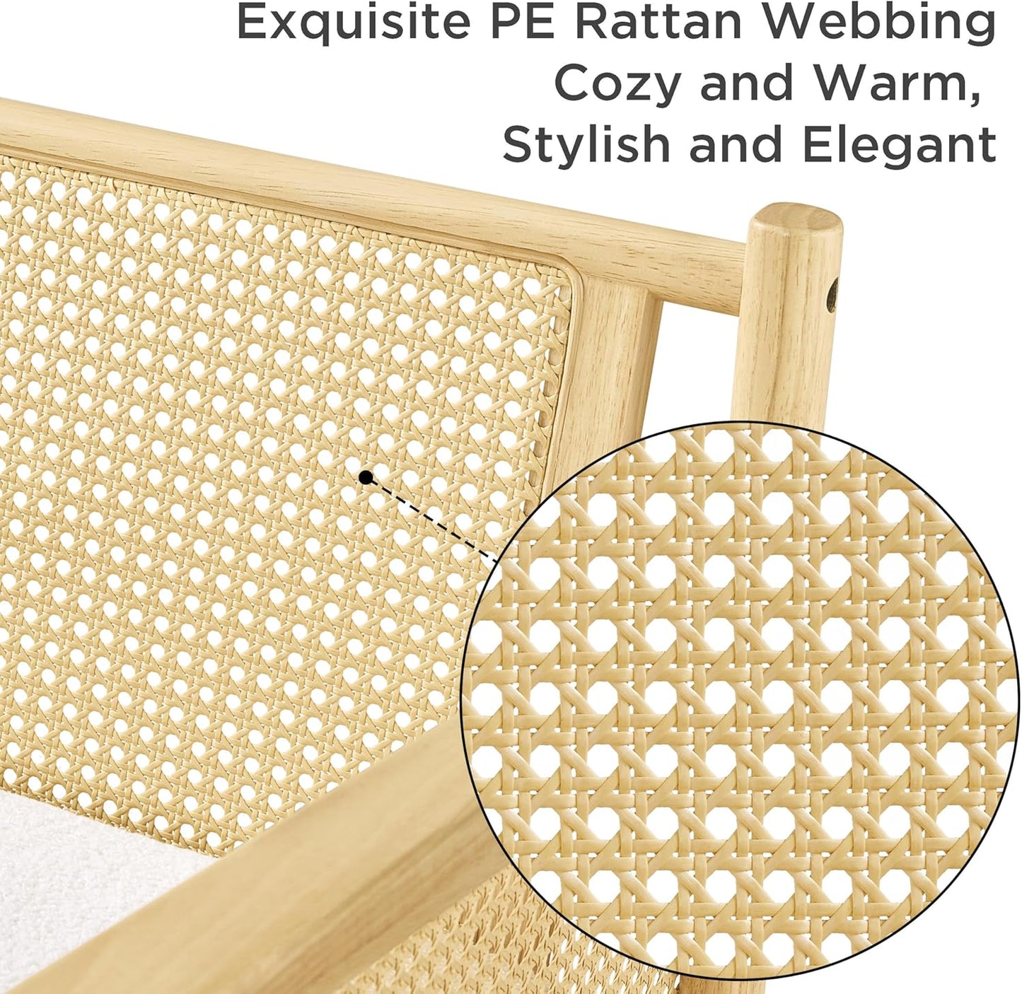 Yaheetech Accent Chair, Boucle Vanity Chair with Rattan Back Arms, Mid Century Chair Upholstered Living Room Chair Lounge Chair Bedroom Balcony White