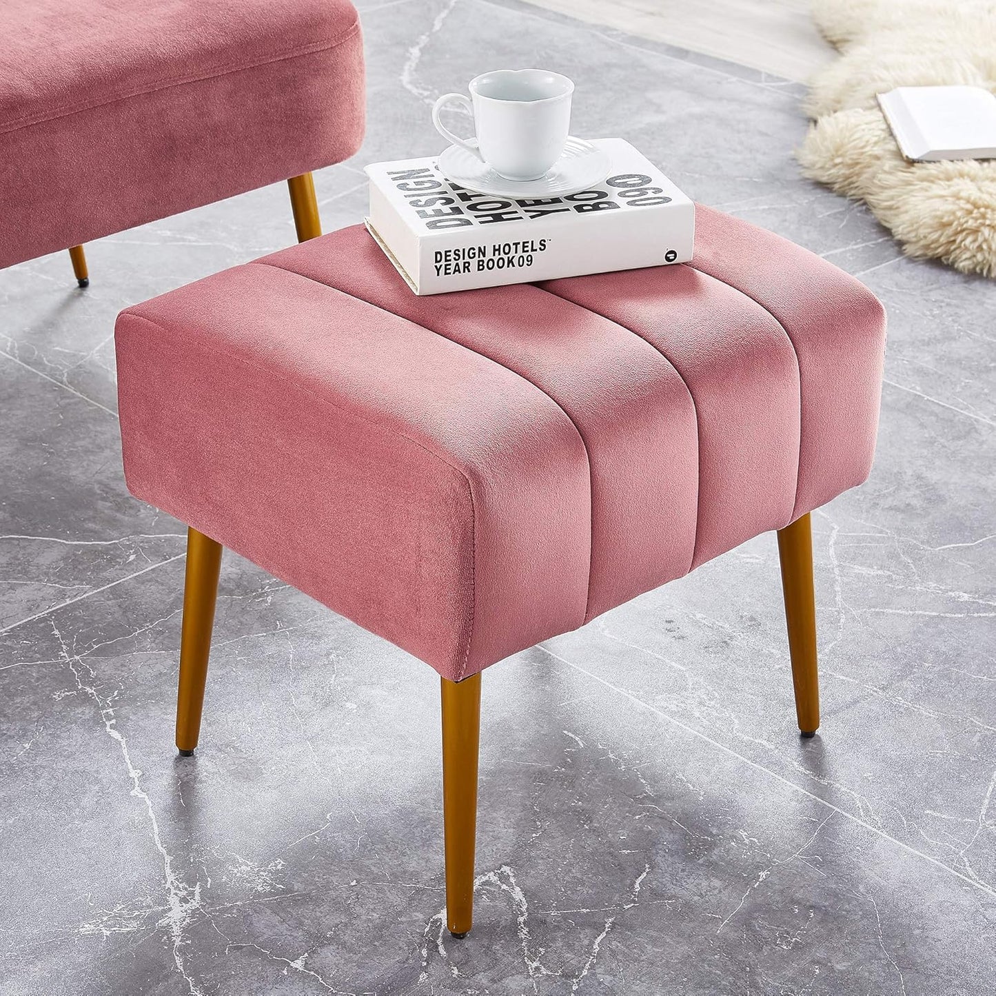 Ball & Cast Upholstered Velvet Ottoman,Footrest 18"W x 15.75"D x 17.5"H Rose,Golden Powder Coating Legs Set of 1