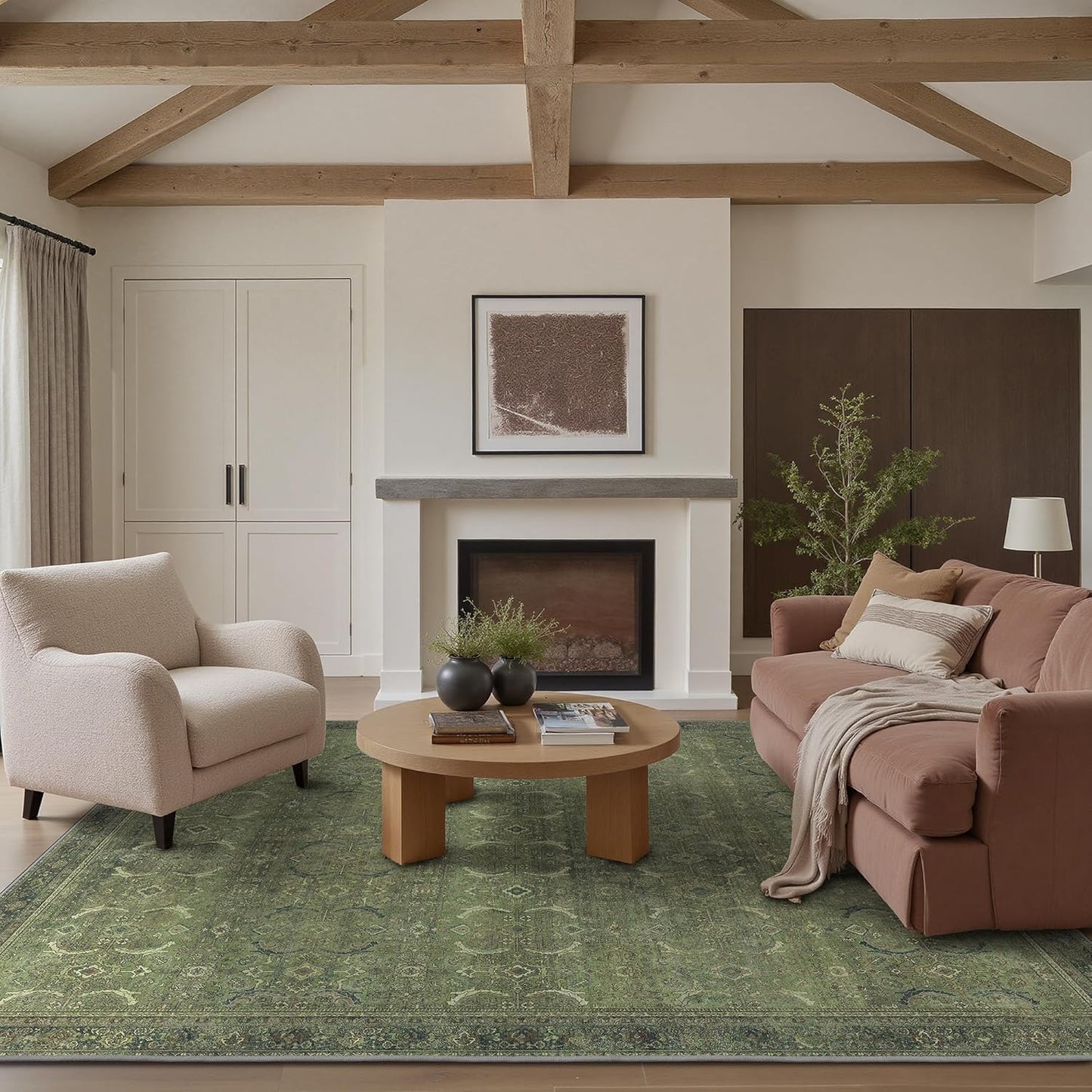 8X10 Area Rugs Machine Washable Rugs for Living Room, Vintage Boho Large Rugs for Bedroom Dining Room, Non Slip Indoor Soft Distressed Lightweight Thin Low Pile Carpet, Vivid Green