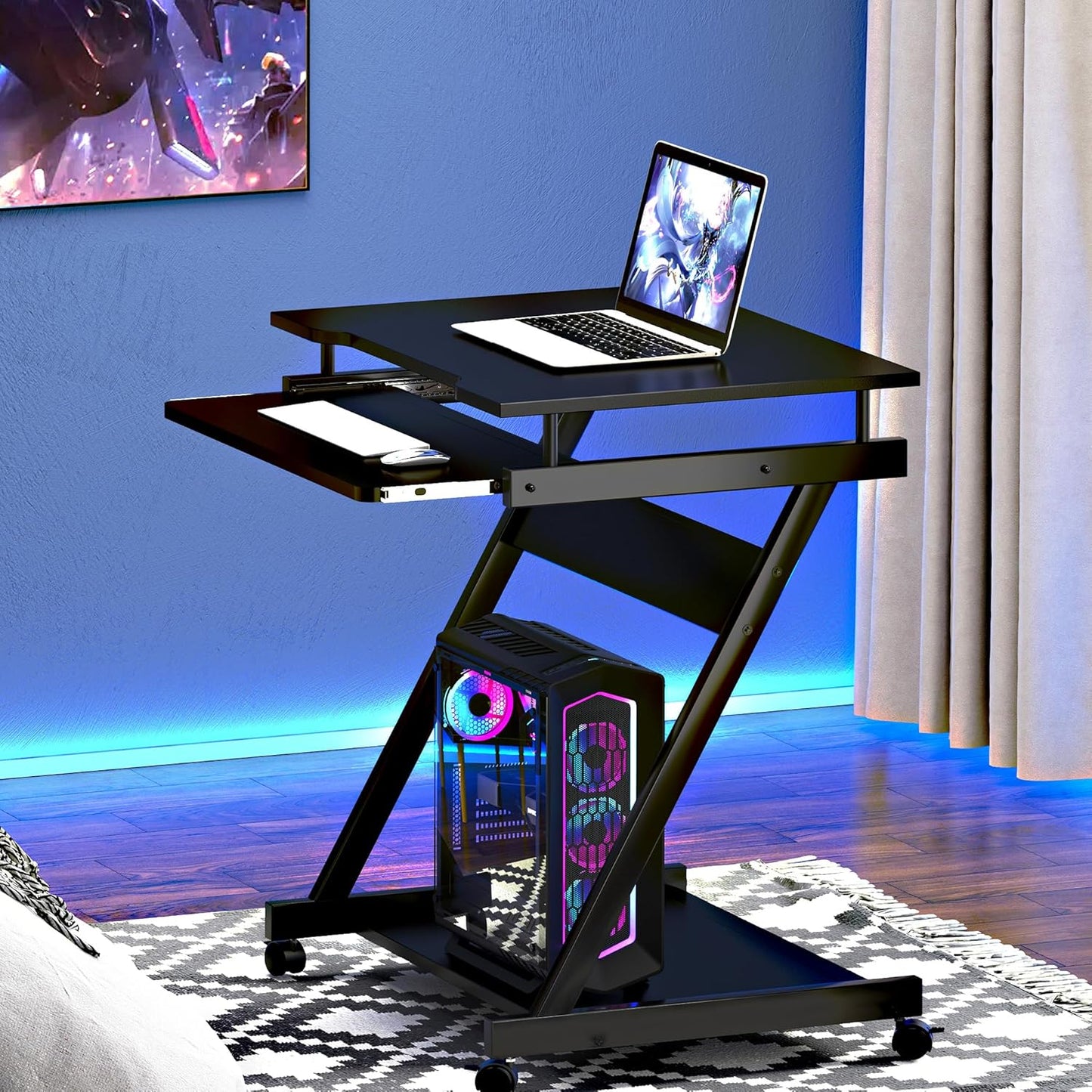 soges 23.6 inch Mobile Laptop Desk, Small Bed Table Portable Computer Desk on Wheels, Rolling Computer Cart Workstation with Keyboard Tray for Home Office, Black