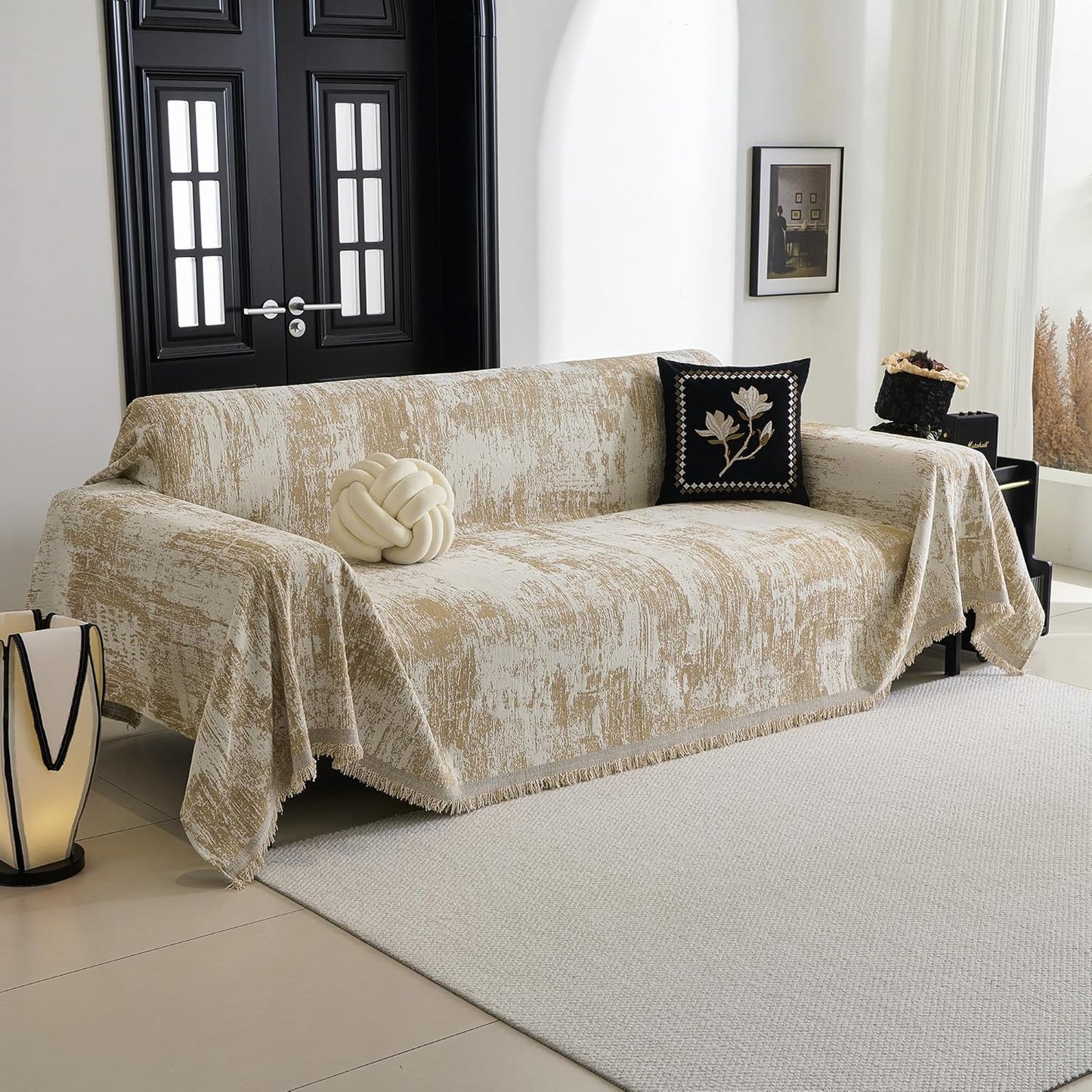 MYSKY HOME Sectional Couch Cover Khaki Geometric Abstract Sofa Covers for Sectional Sofa L Shape Chenille Couch Protector for Dogs Pets Couch Throw Cover Washable Durable for Home Decor, 91" X134"