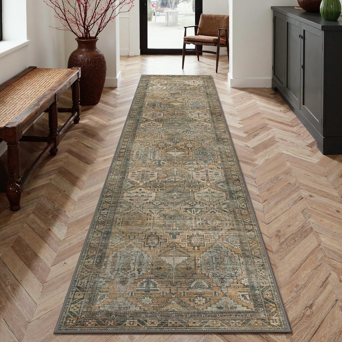 GENIMO 2x10 Runner Rugs for Hallway, Machine Washable Non Slip Vintage Rugs, Low Pile Lightweight Soft Print Rug for enrtyway, Corridor, Home Office, Kitchen, Warm Taupe