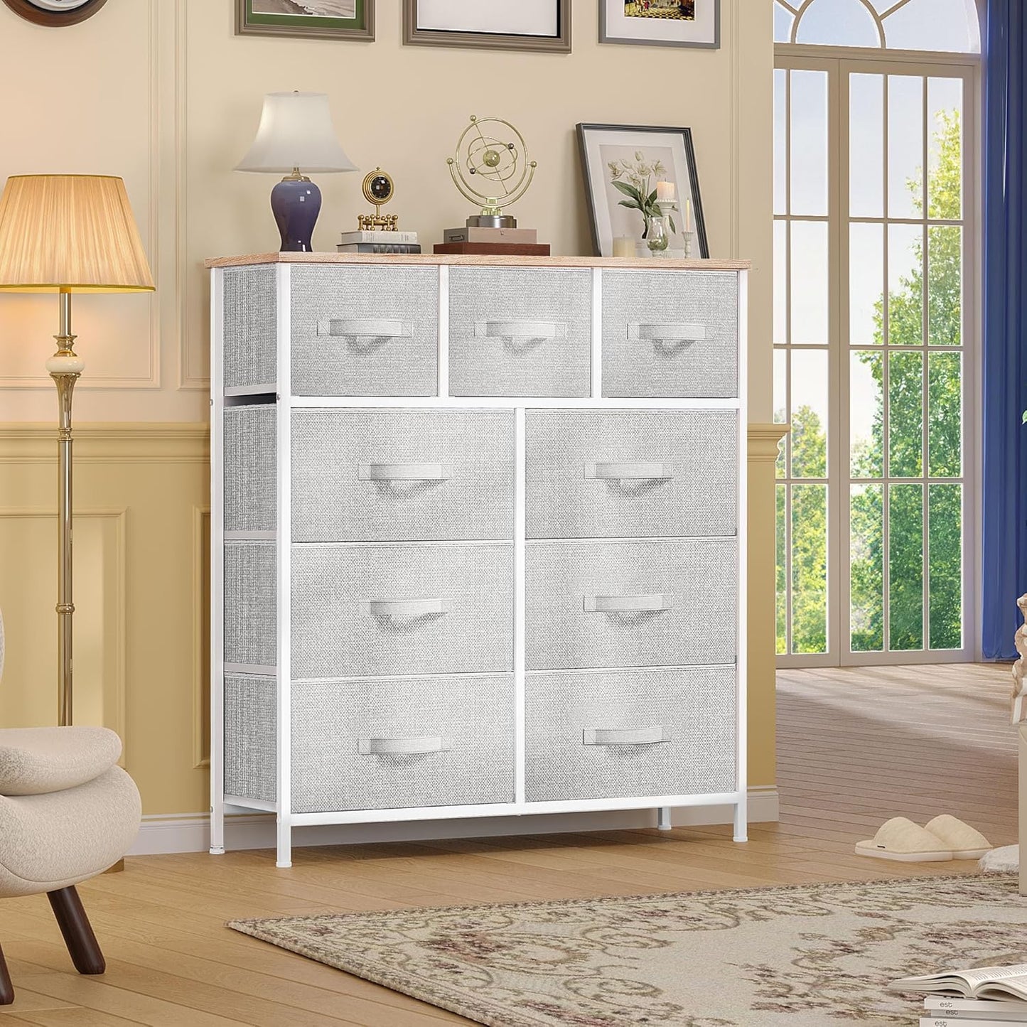 DWVO 9 Drawer Dresser, Light Gray Fabric Storage Tower, Tall Organizer Unit for Room, Living Room, Hallway, Closets - Sturdy Steel Frame, Wooden Top & Easy Pull Bins