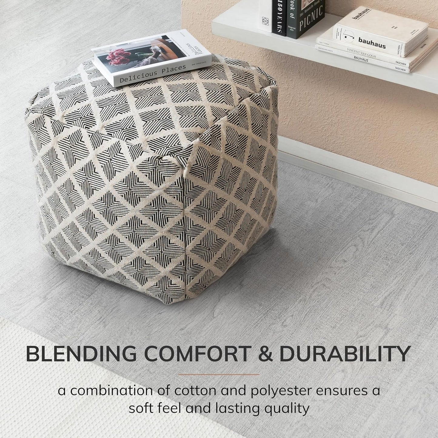 Anji Mountain 100% Handmade & Handcrafted Comfortable Home Décor Pouf Ottoman Footrest for Living Room, Bedroom, Nursery, Kidsroom, Patio Furniture - (20" x 20" x 20"- Black,Ivory)