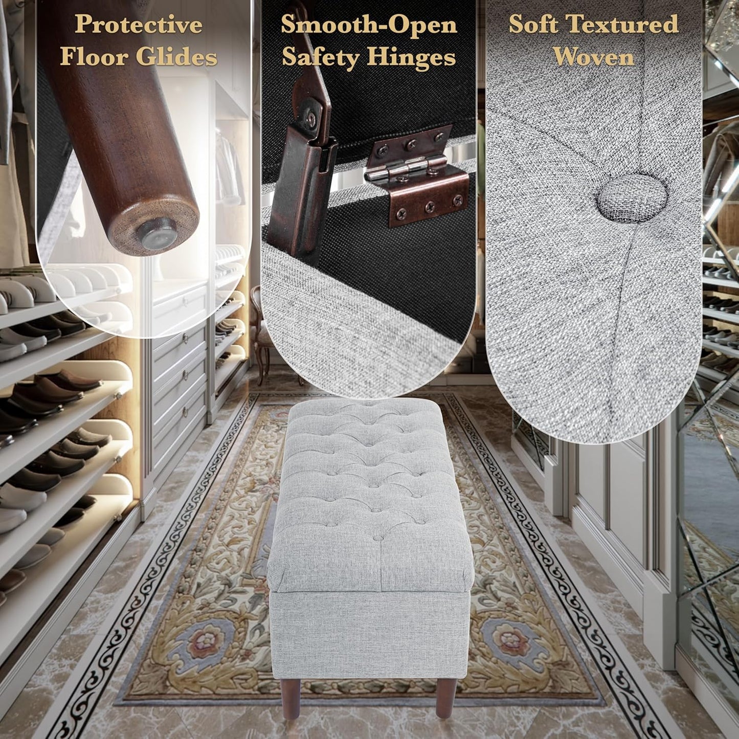 HomePop Home Decor | Tufted Ainsley Button Storage Ottoman Bench with Hinged Lid | Ottoman Bench with Storage for Living Room & Bedroom,Gray Woven