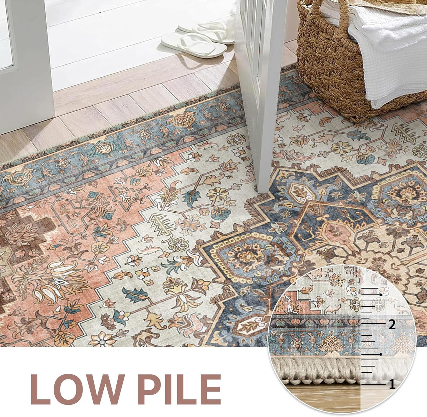 GENIMO 5x8 Area Rugs for Living Room, Machine Washable Low Pile Rugs, Chenille Non Alip Vintage Rug for Bedroom, Dining Room, Home Office, Blue Brick Red