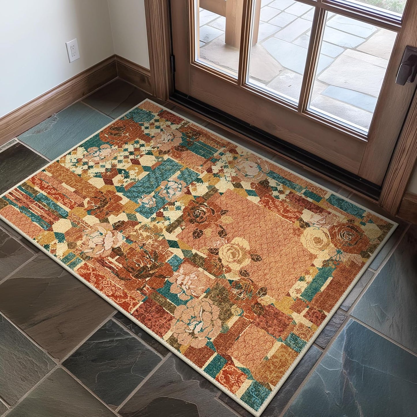 GENIMO Area Rug 2x3 Doormat, Machine Washable Low Pile Rugs, Small Floral Patchwork Retro Chenille Entryway Mat for Entrance, Hallway, Kitchen and Corridor, Rose Red