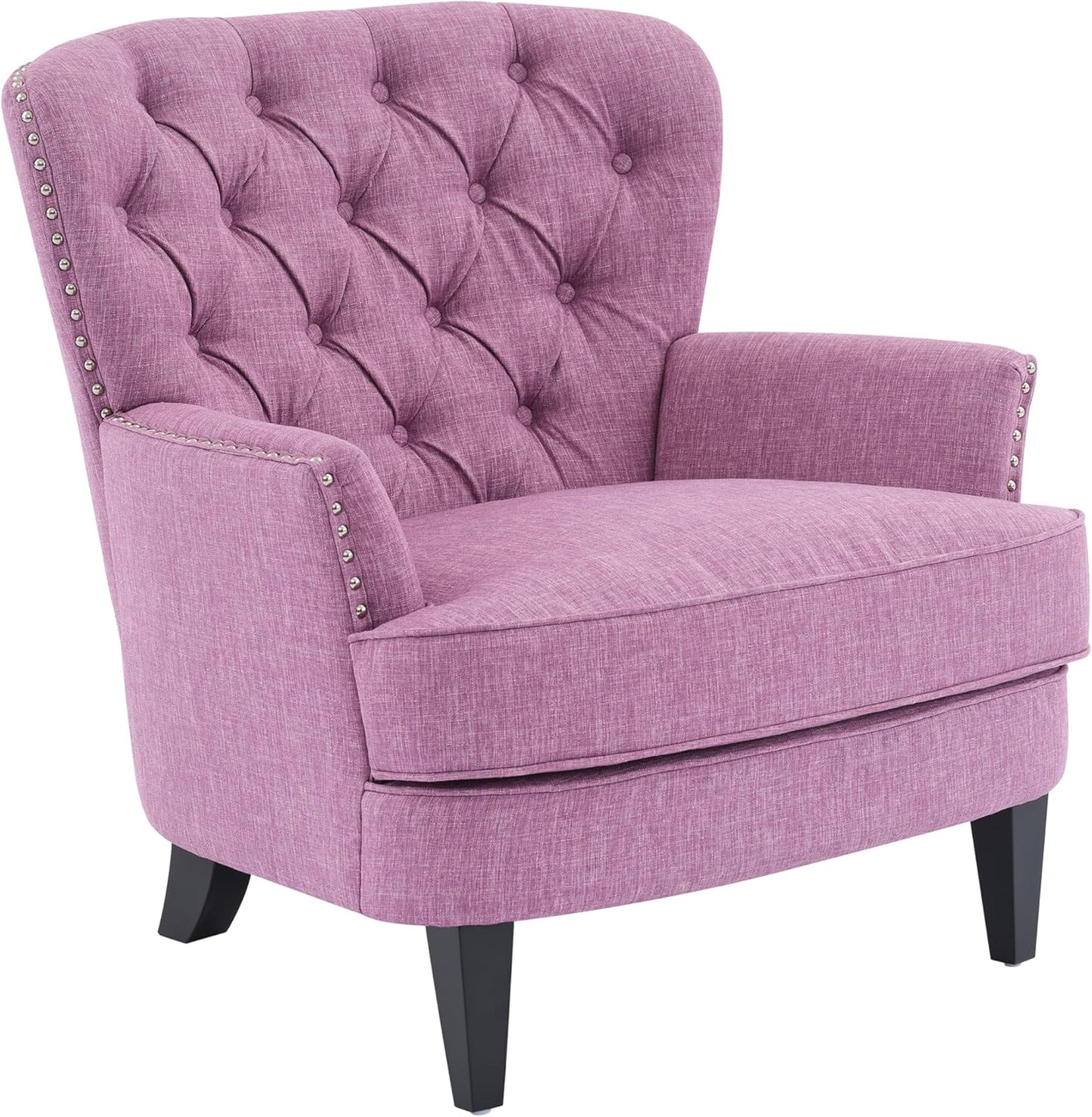 Ball & Cast Accent Chair,Mid-Century Lounge Living Room Chairs with Button Tufting,Upholstered Reading Accent Chair W/Solid Wood Legs and Curved Backrest,for Bedroom,Apartment,Pink