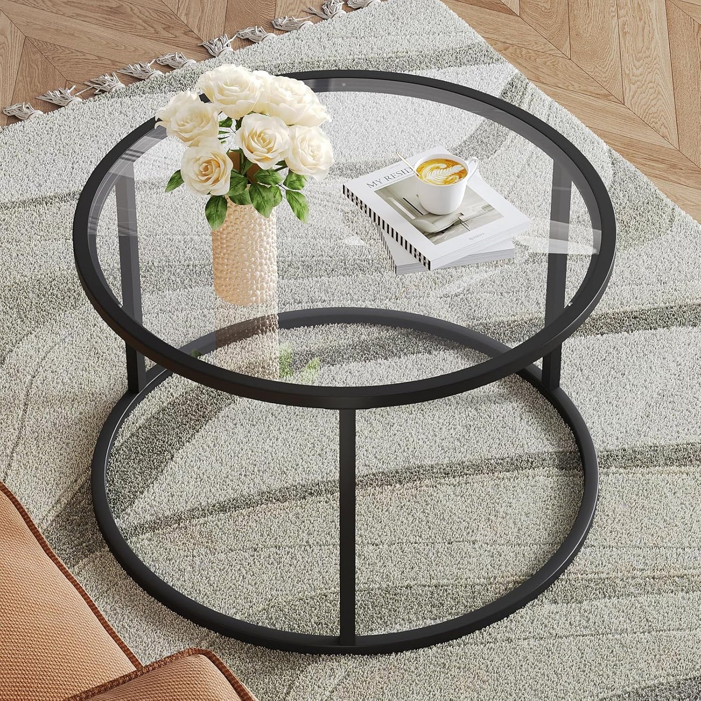 SAYGOER Round Coffee Table Glass Small Coffee Tables for Living Room, 27.6 inch Modern Center Table for Office Apartment, 5 MM Tempered Clear Glass Top, Black Metal Frame