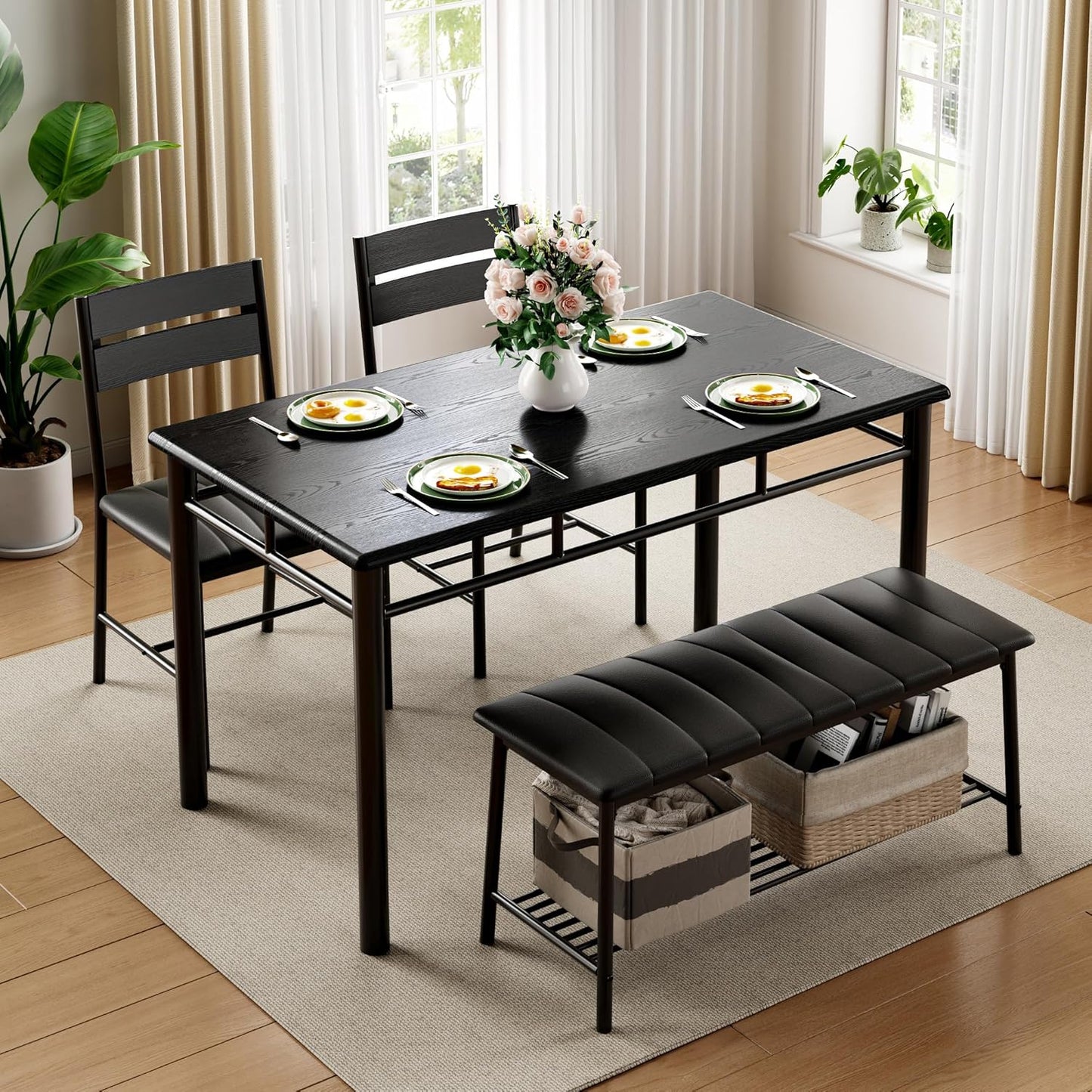 IRONCK Dining Table Set for 4, Kitchen Table with Upholstered Bench and 2 Chairs, Kitchen Table and Chairs Set for Small Space, Apartment, Black