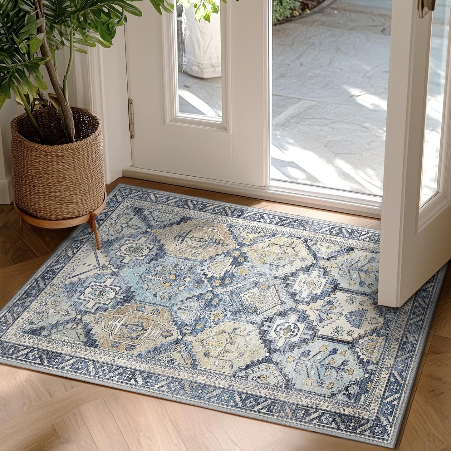 GENIMO 2x3 Area Rugs for Living Room, Machine Washable Non Slip Vintage Rugs, Low Pile Lightweight Chenille Print Rug for Bedroom, Dining Room, Home Office, Brown Blue