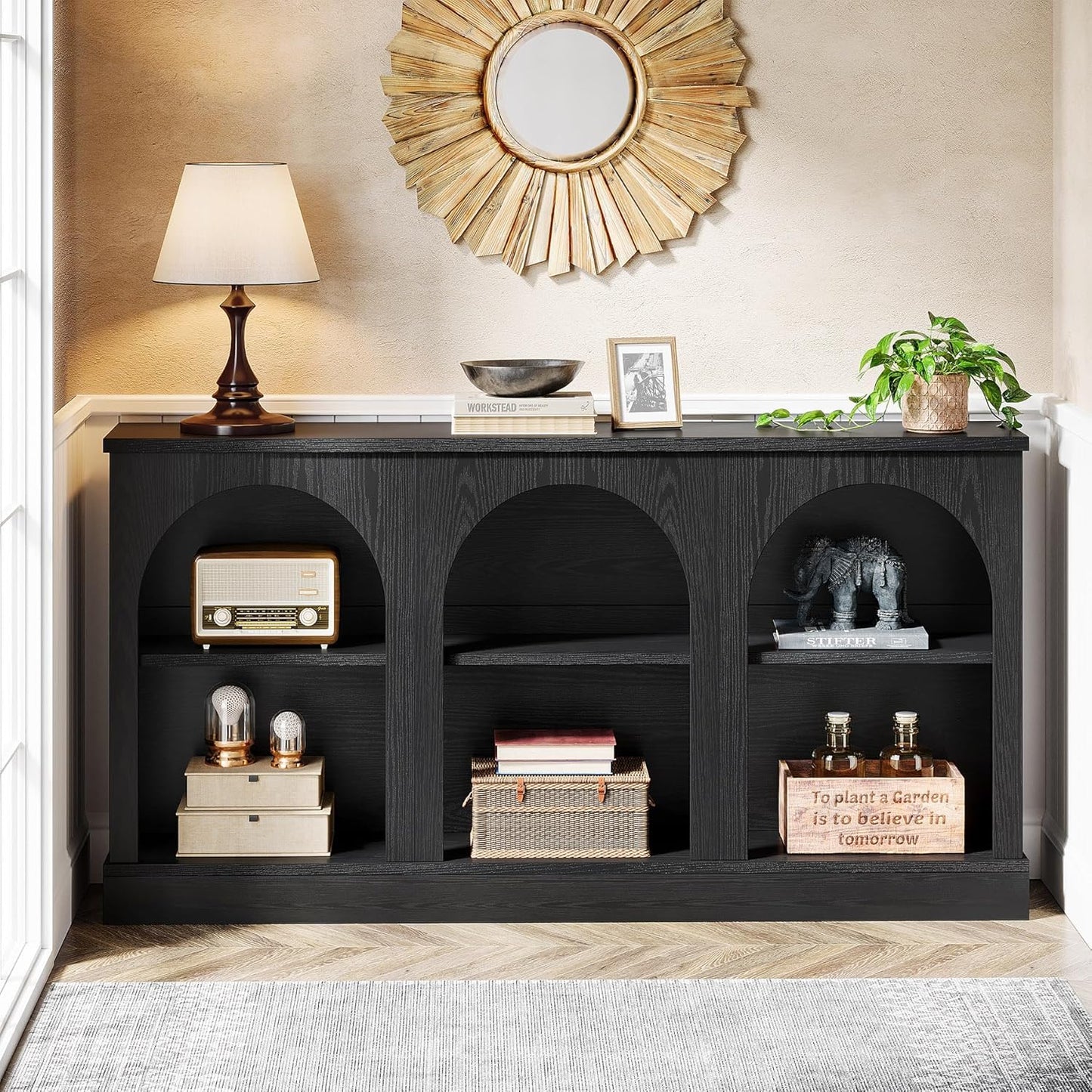 Tribesigns Farmhouse Console Table, 63-Inch Long Entryway Table with 3 Tier Storage, Wooden Rectangular Sofa Table Behind The Couch for Entrance, Hallway, Living Room, Black