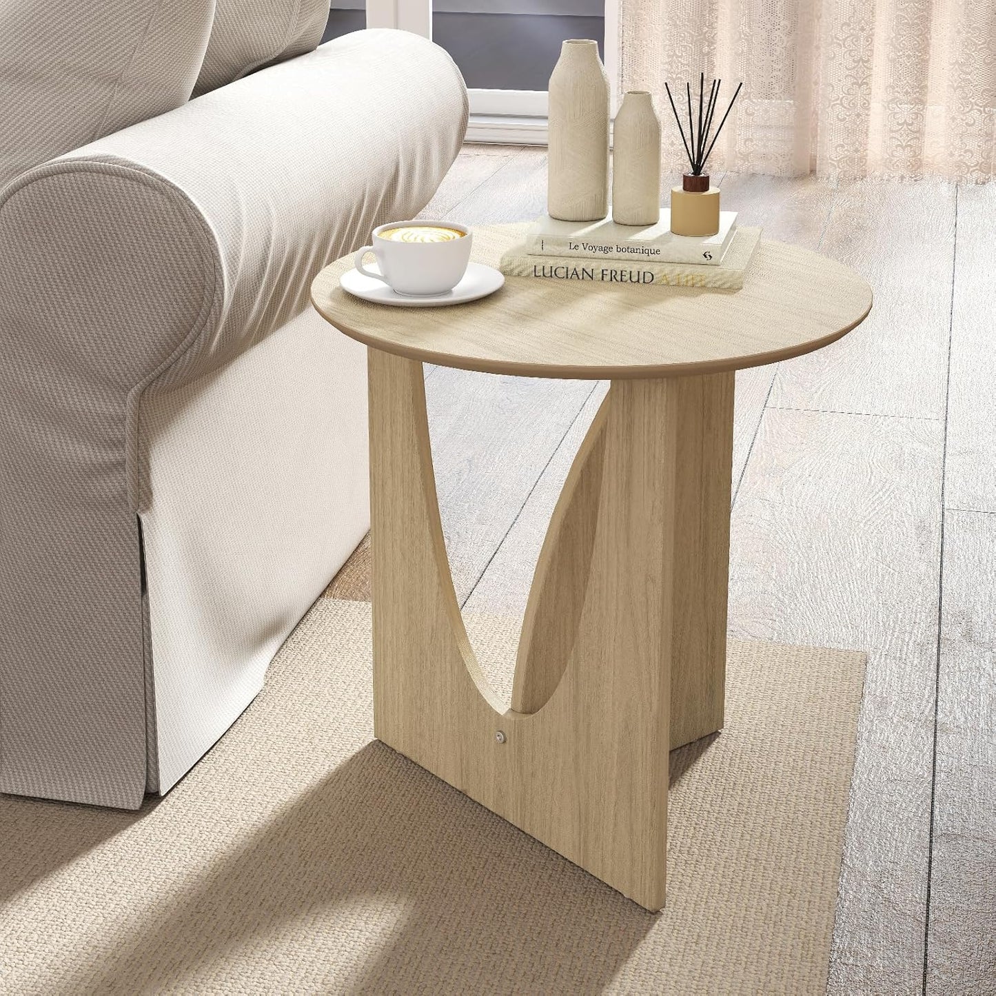 Round and Nature Side Table，Small Coffee Table with Sleek Geometric Design, Easy Assembly Accent Table for Living Room