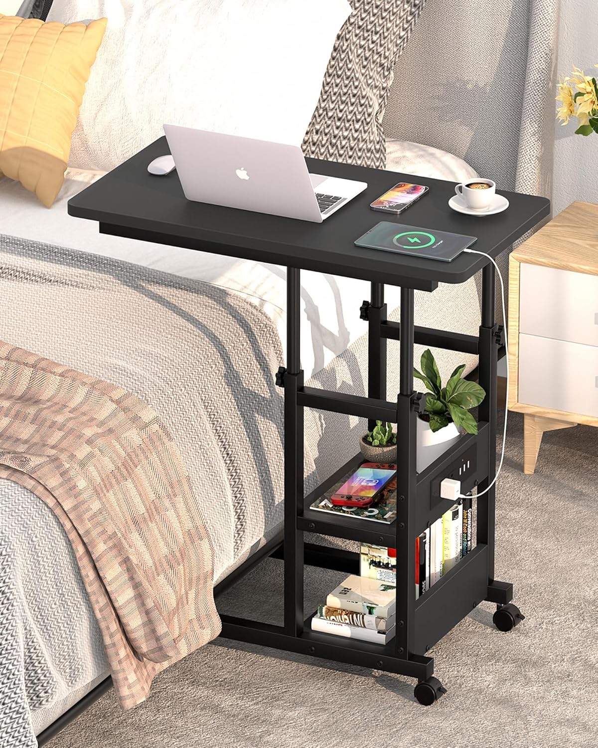 C Shaped End Table Height Adjustable - Couch Side Table with Charging Station, TV Tray with Wheels Slide Under Sofa for Small Spaces, Living Room Bedroom, Black