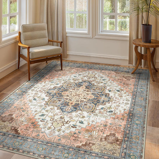 GENIMO 8x10 Area Rugs for Living Room, Machine Washable Non Slip Vintage Retro Rugs, Low Pile Lightweight Chenille Print Rug for Bedroom, Dining Room, Home Office, Blue Brick Red