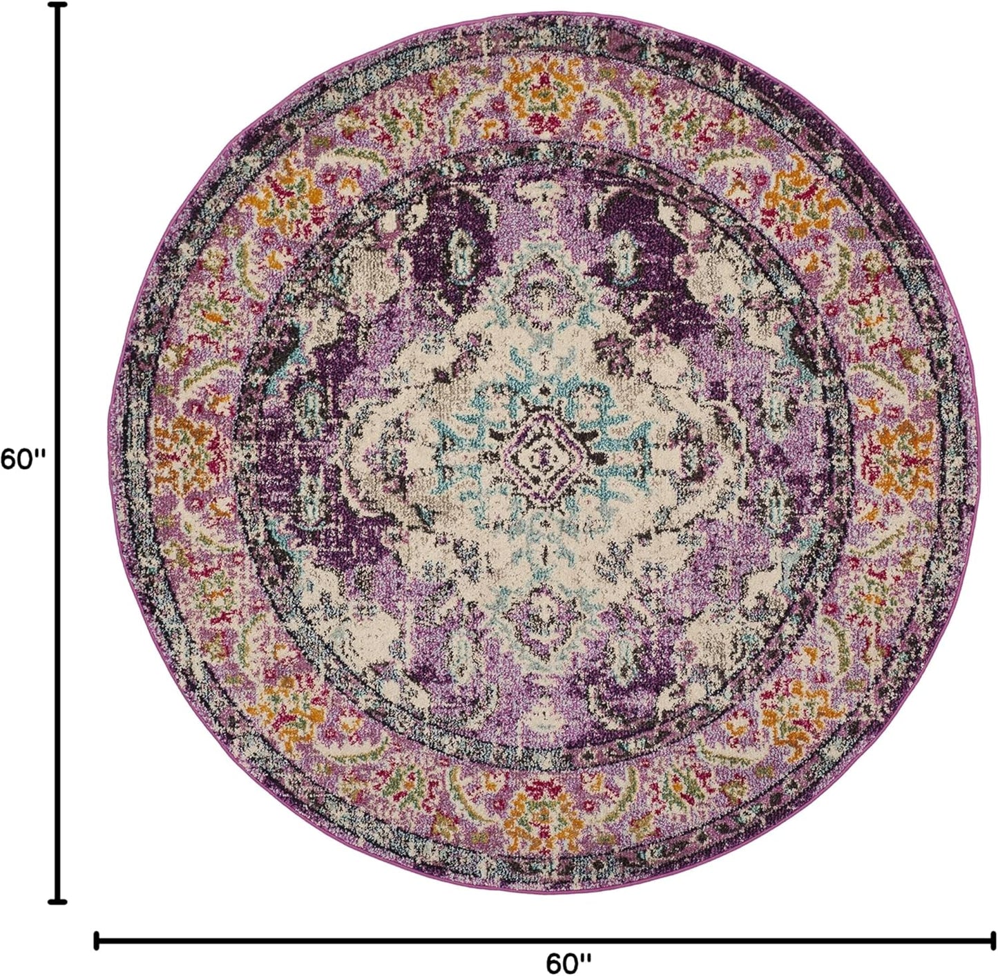 SAFAVIEH Monaco Collection Area Rug - 5' Round, Violet & Light Blue, Boho Chic Medallion Distressed Design, Non-Shedding & Easy Care, Ideal for High Traffic Areas in Living Room, Bedroom (MNC243L)