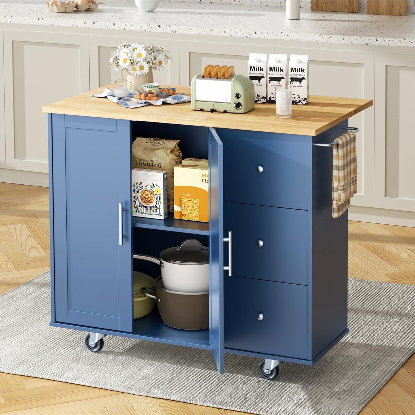 Shintenchi Kitchen Island with Folding Drop Leaf, Rolling Island Table with Storage, Kitchen Cabinet on Wheels with Seating Area for Kitchen, Bar Cart with Cabinet, Blue