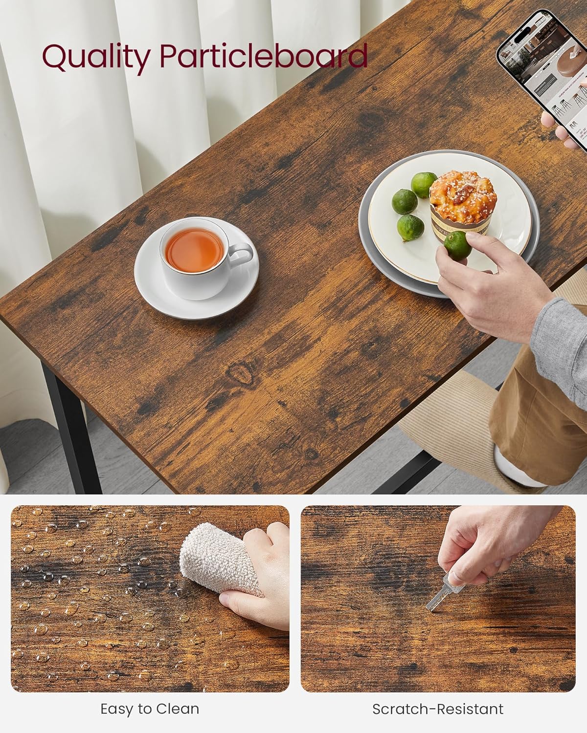 VASAGLE Bar Table, Narrow Long Kitchen Dining Table, Sturdy Metal Frame, Industrial, 15.7 x 55.1 x 35.4 Inches, Rustic Brown and Ink Black ULBT140B01