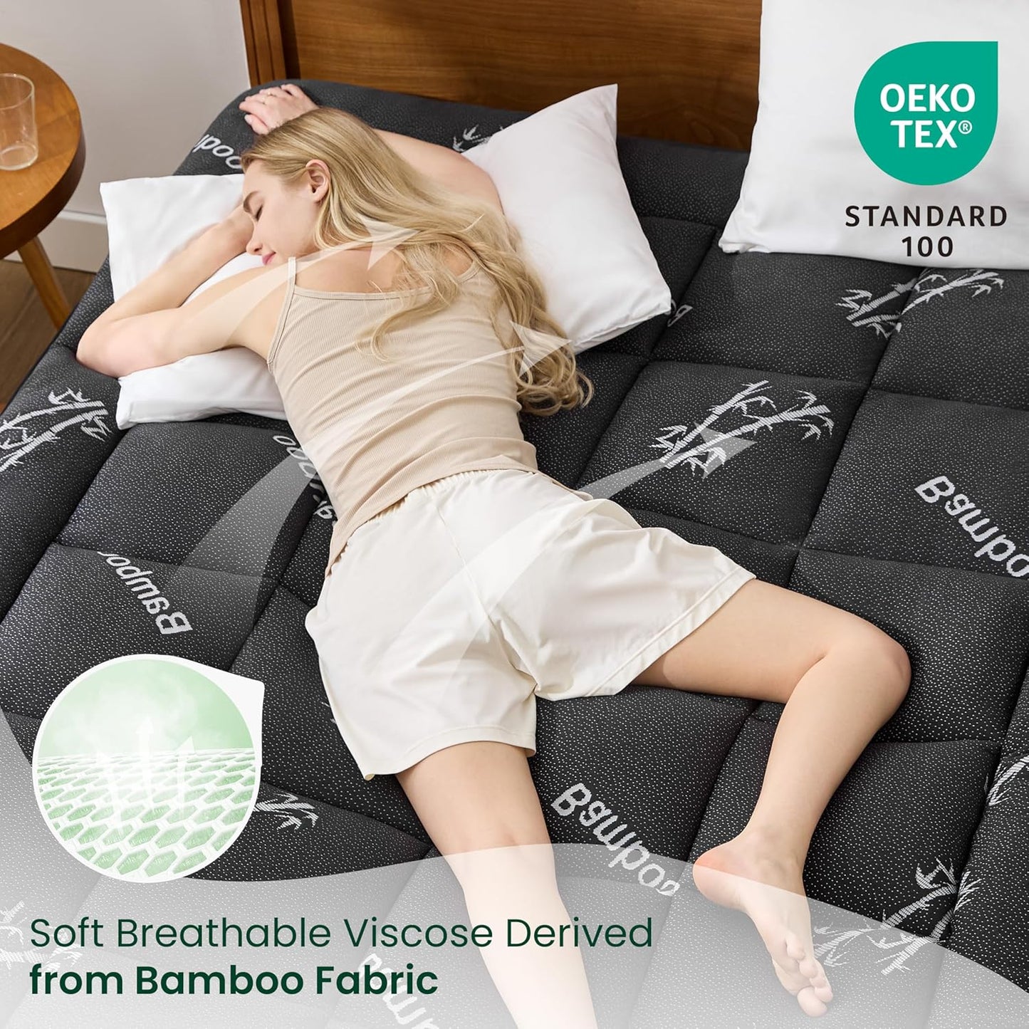 Love's cabin Full Size Mattress Topper, Rayon Derived from Bamboo, 900 GSM Mattress Topper Pad, Thick Pillow Top Mattress Pad with Stretches up 8"-20" Deep Pocket(54"x75"), Black