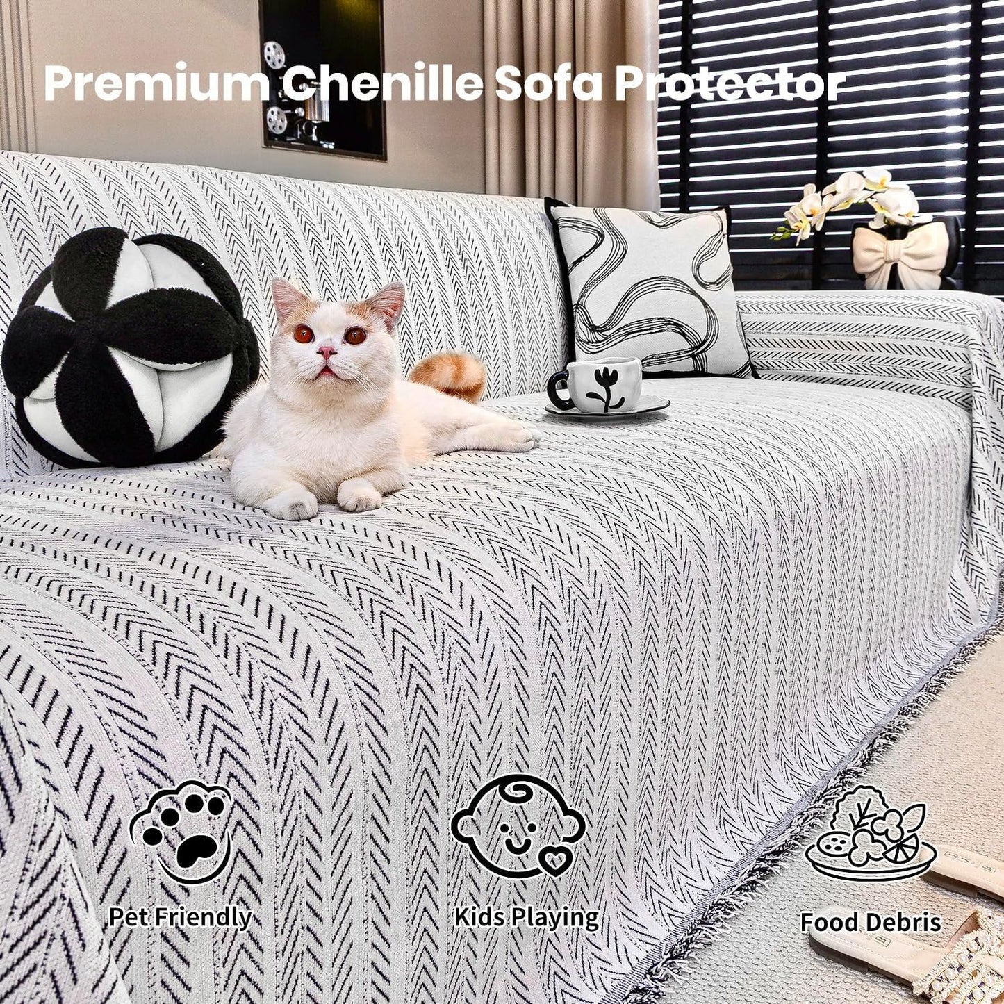 Nobildonna Sofa Cover Washable Soft Thicken Chenille Couch Cover with Tassel,Waterproof Sofa Slipcover for 2-3 Cushion Couch,Sectional Sofa,L-Shaped Furniture Protector Pet-Friendly,Beige 91"x118"