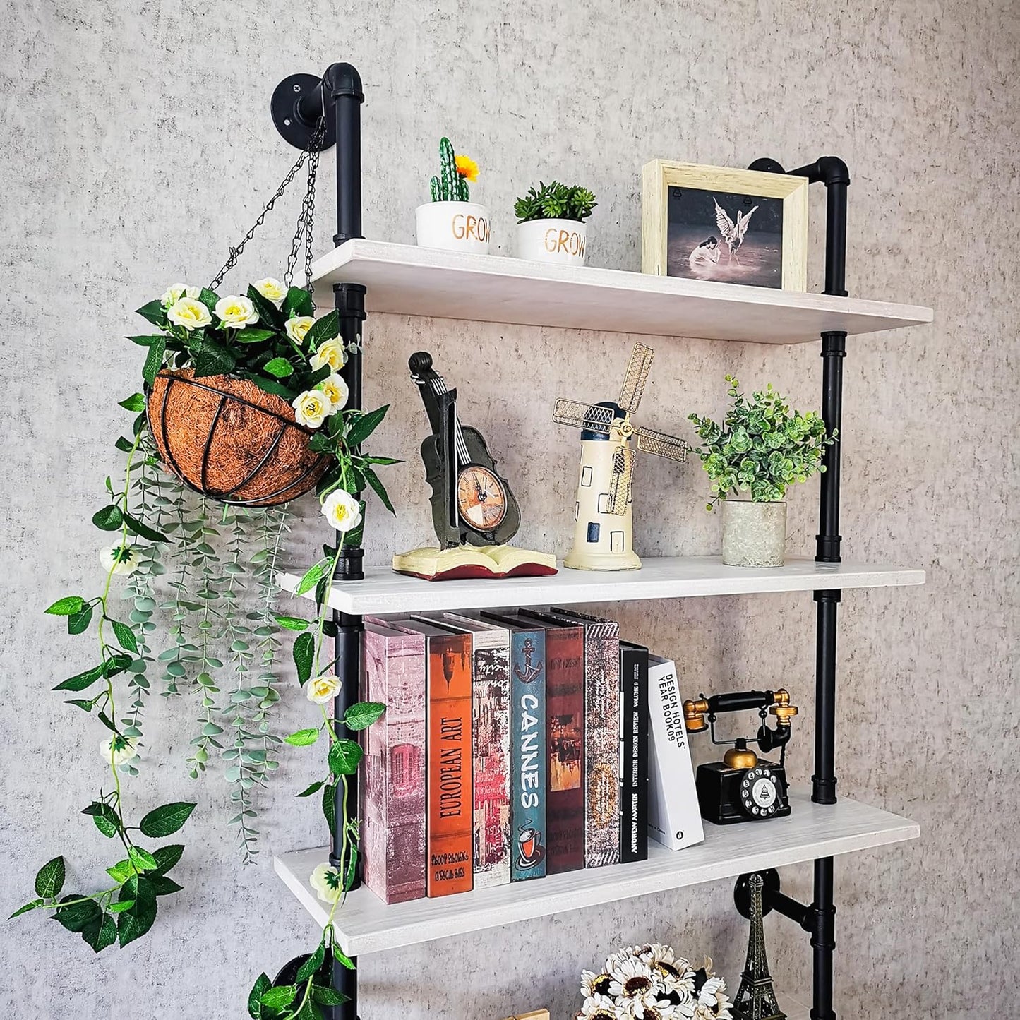 Pipe Shelves, Wall Mounted Wood Metal Industrial Shelves, Ladder Bookshelf for Living Room (White, 10" D x 30" W x 82.5" H)