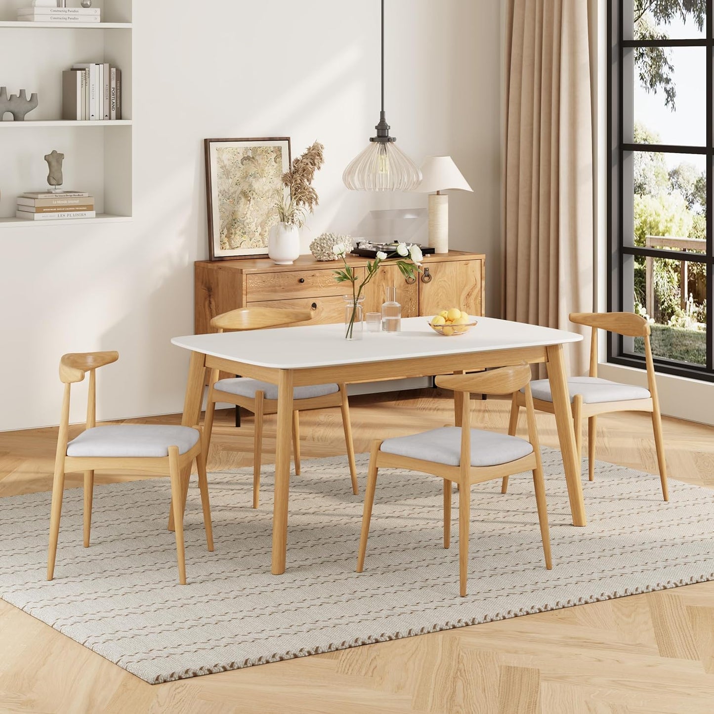 5-Piece Dining Set, Mid-Century Modern Solid Wood Table & Chair Set for 4, Kitchen, Dining Room, Restaurant, Natural Oak+Beige