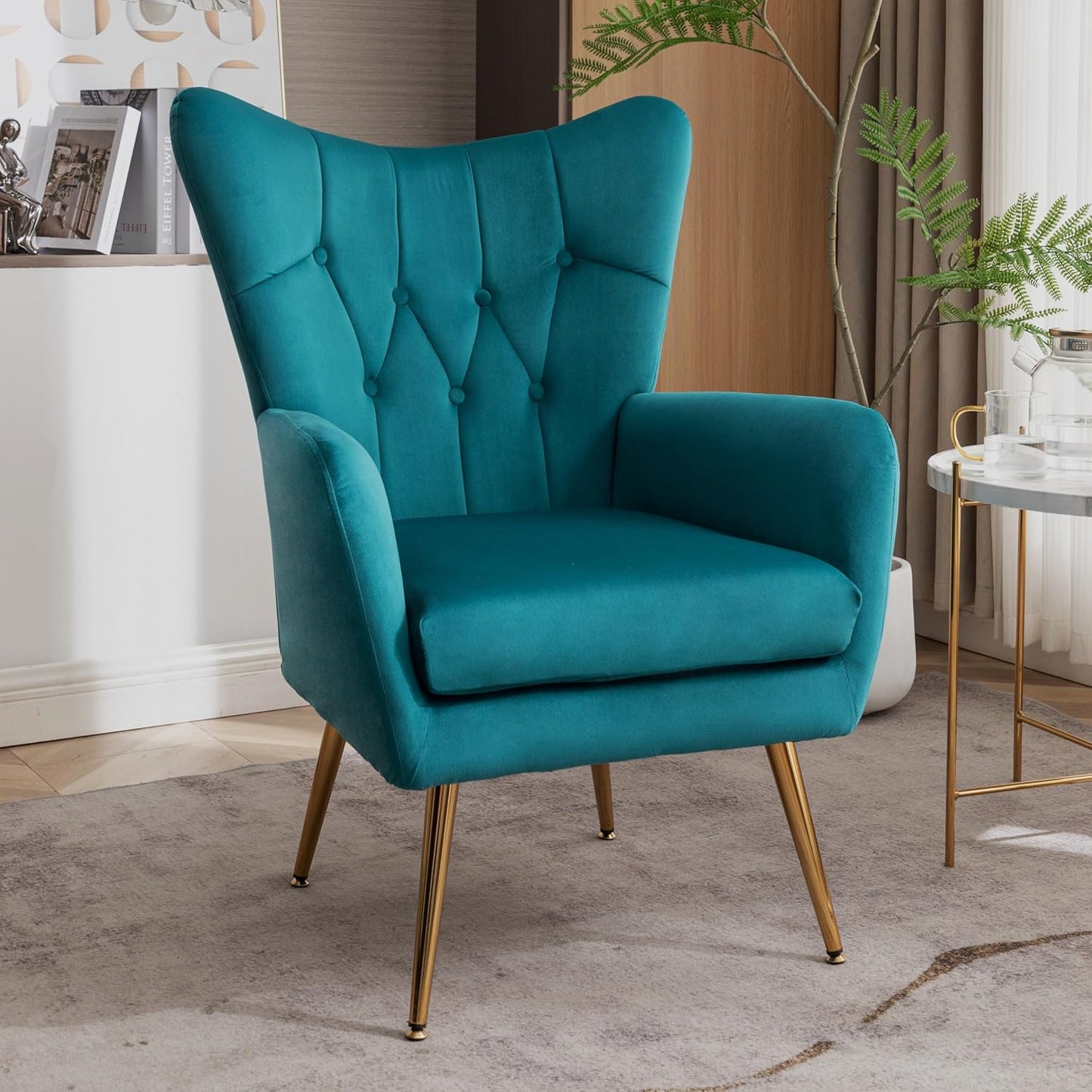 Container Furniture Direct Modern Chic Mid-Century Velvet Accent Armchair for Living Room, Bedroom, or Home Office, Button-Tufted Wingback Design with Gold Flared Legs, Dark Teal