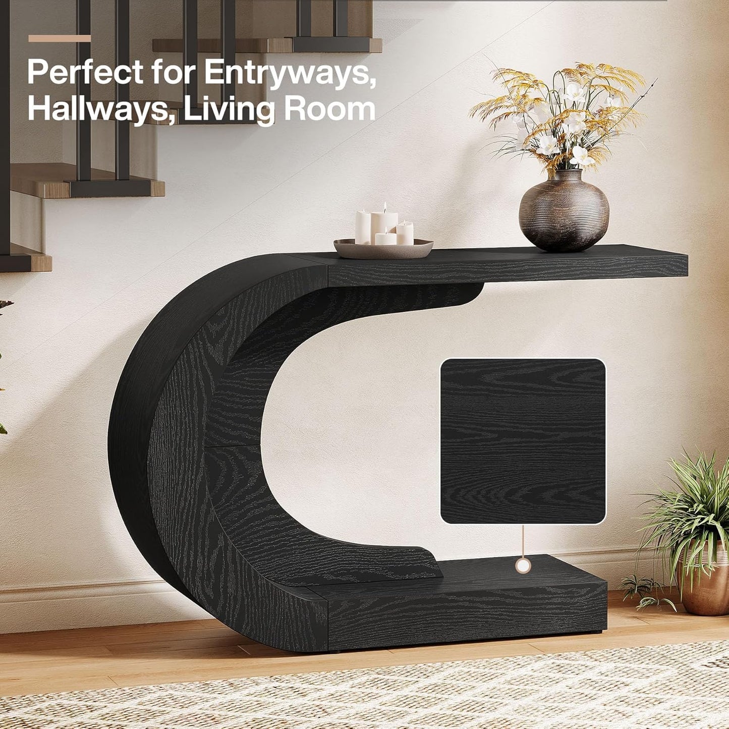 Tribesigns 43.3" Mid-Century Modern Console Table for Entryway, Wood C-Shaped Hallway Entry Accent Table for Living Room, Entrance, Foyer, Easy Assembly, Black