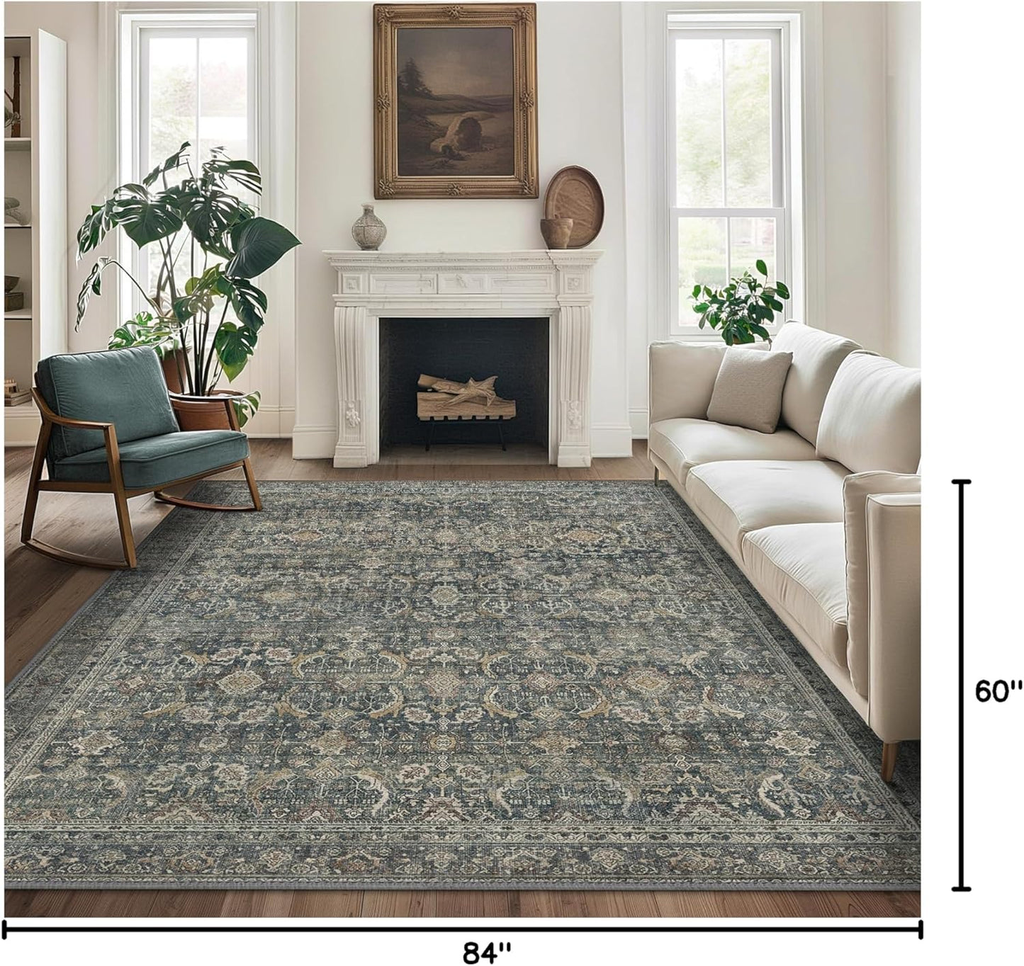 5X7 Area Rugs Machine Washable Rugs for Living Room, Vintage Boho Large Rugs for Bedroom Dining Room, Non Slip Indoor Soft Distressed Lightweight Thin Low Pile Carpet, Deep