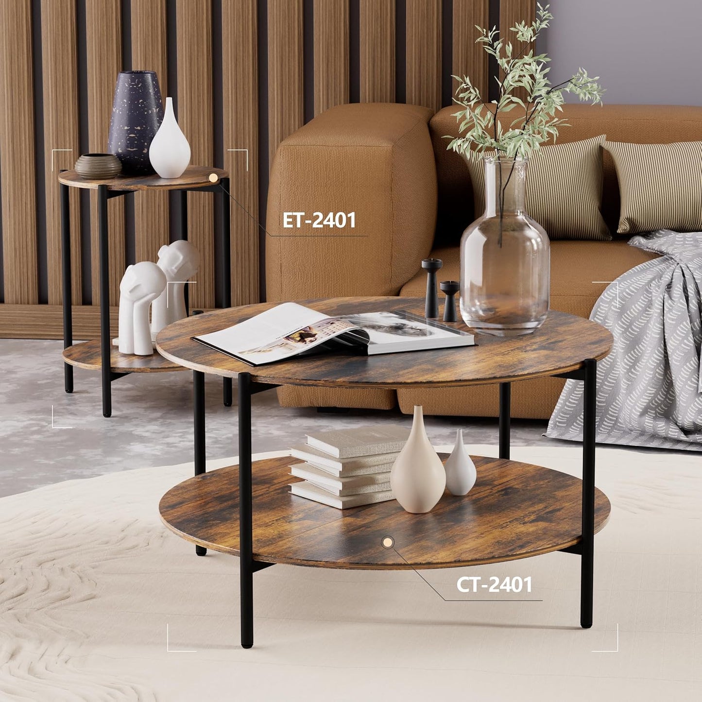 Round Coffee Table, 2-Tier 32.9" Circle Coffee Tables with Storage Wood Rustic Farmhouse Center Circular Coffee Table for Living Room Bedroom Balcony Office - Walnut