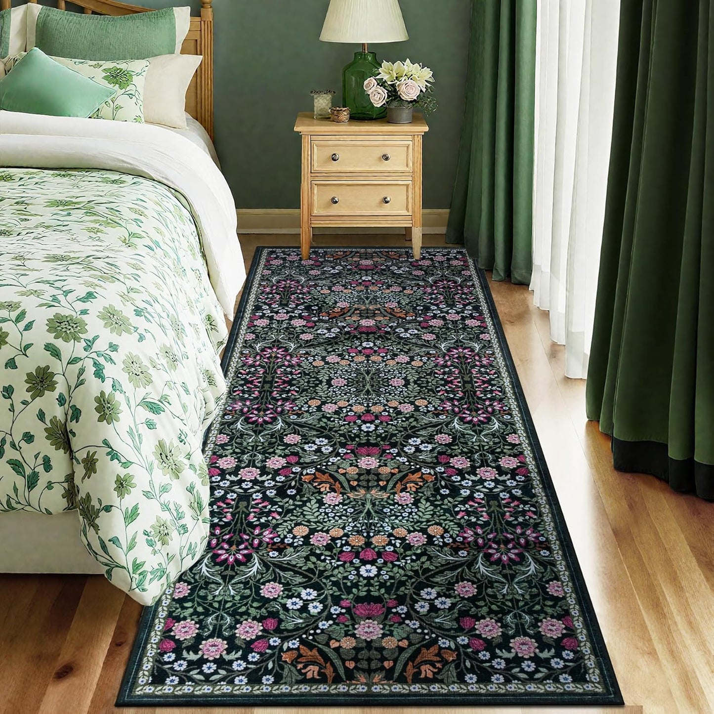 Runner Rug for Entryway: 2x6 Kitchen Rugs Non Slip Washable Ultra-Thin Soft Floral Carpet Indoor Floor Stain Resistant Carpets for Hallway Bedroom Kitchen Laundry Bathroom Dorm Dark Green