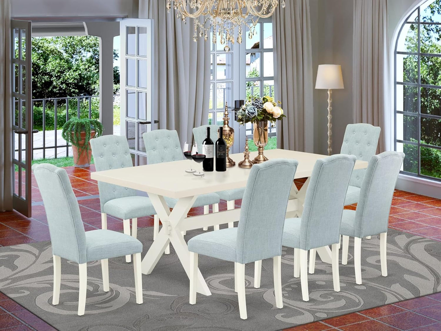 East West Furniture X027CE215-9 9 Piece Dining Table Set Includes a Rectangle Dining Room Table with X-Legs and 8 Baby Blue Linen Fabric Upholstered Parson Chairs, 40x72 Inch, Multi-Color